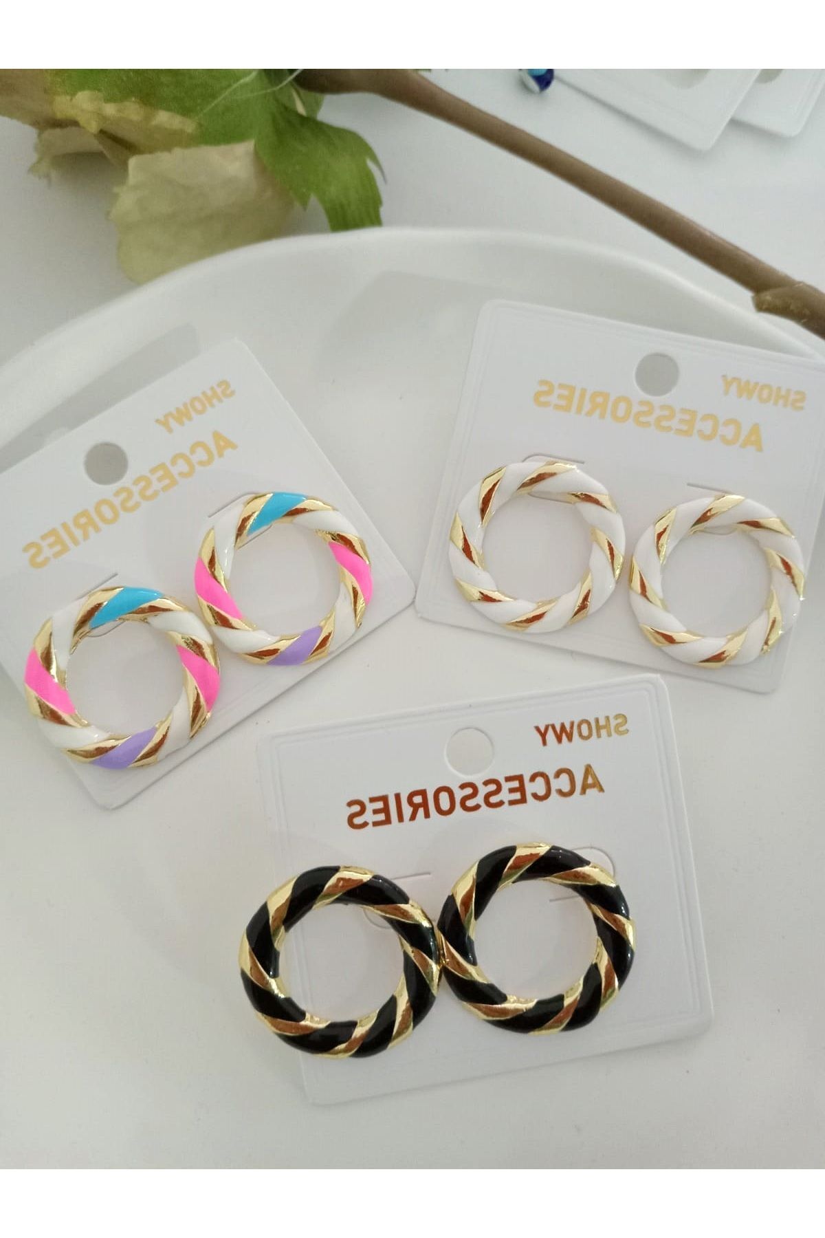 mos&more-Gold Pink Lilac Blue Enamel Hoop Earrings 3