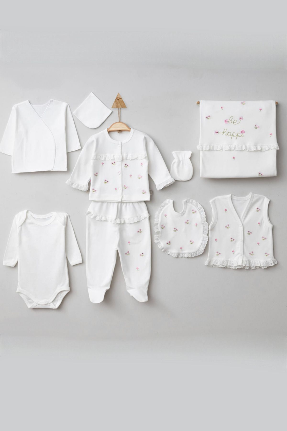 Cherub Baby Be Happy Çiçekli Fistolu %100 Pamuk Yenidoğan Kız Bebek 10 Parça Hastane Çıkışı Zıbın Seti fotoğrafı 2 (önizleme)