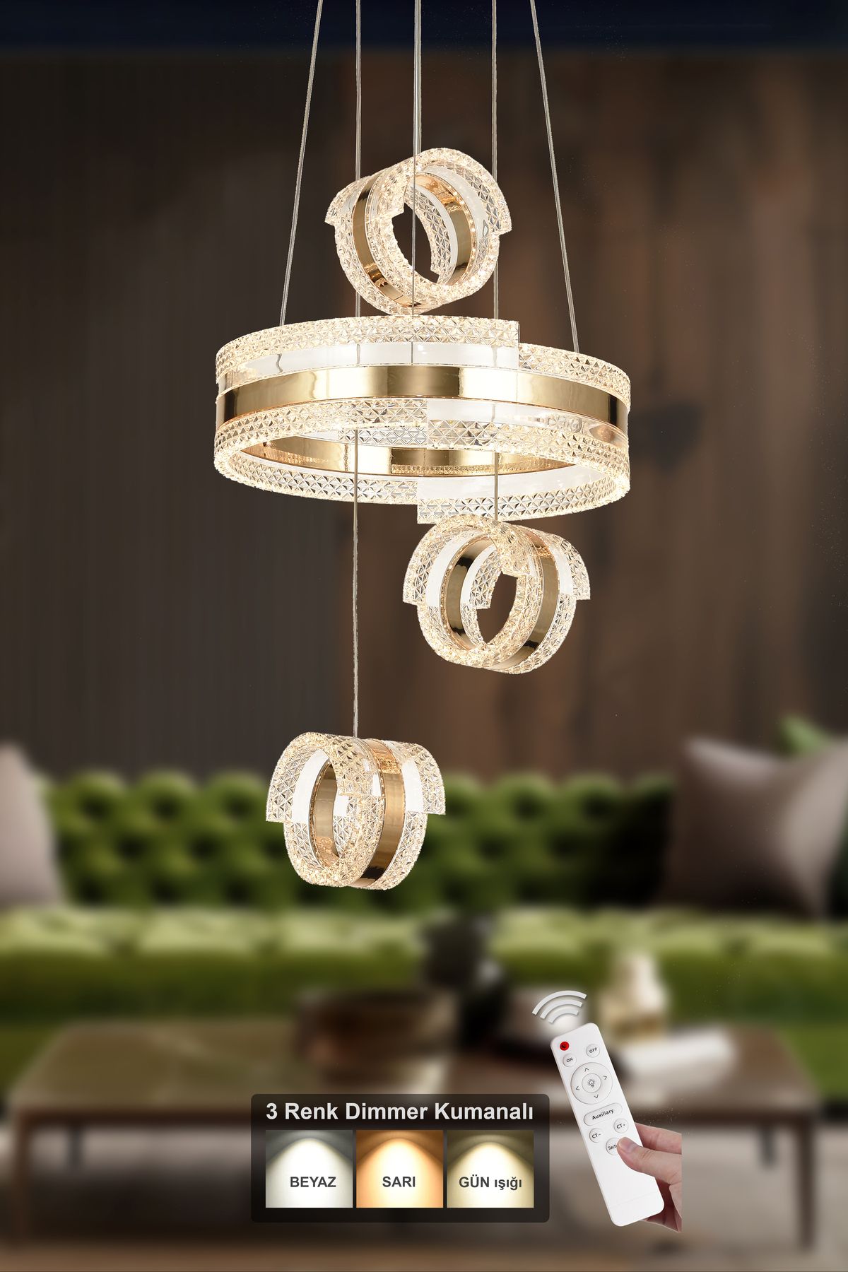 Avizemoda Savona 3 Lü Dimmer Kumandalı 3 Renk Ledli (SARI-BEYAZ-GÜN IŞIĞI) Modern Akrilik Avize -gold