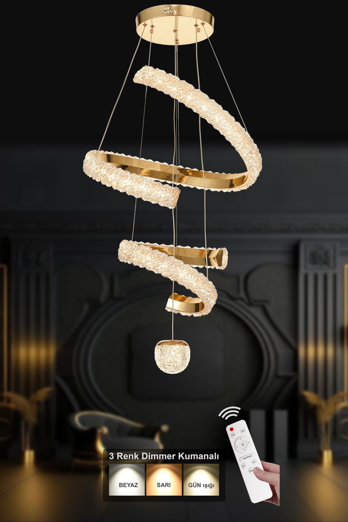 Avizemoda Milly 2 Katlı Dimmer Kumandalı 3 Renk Ledli (Sarı-Beyaz-Gün Işığı) Modern Akrilik Avize -Gold
