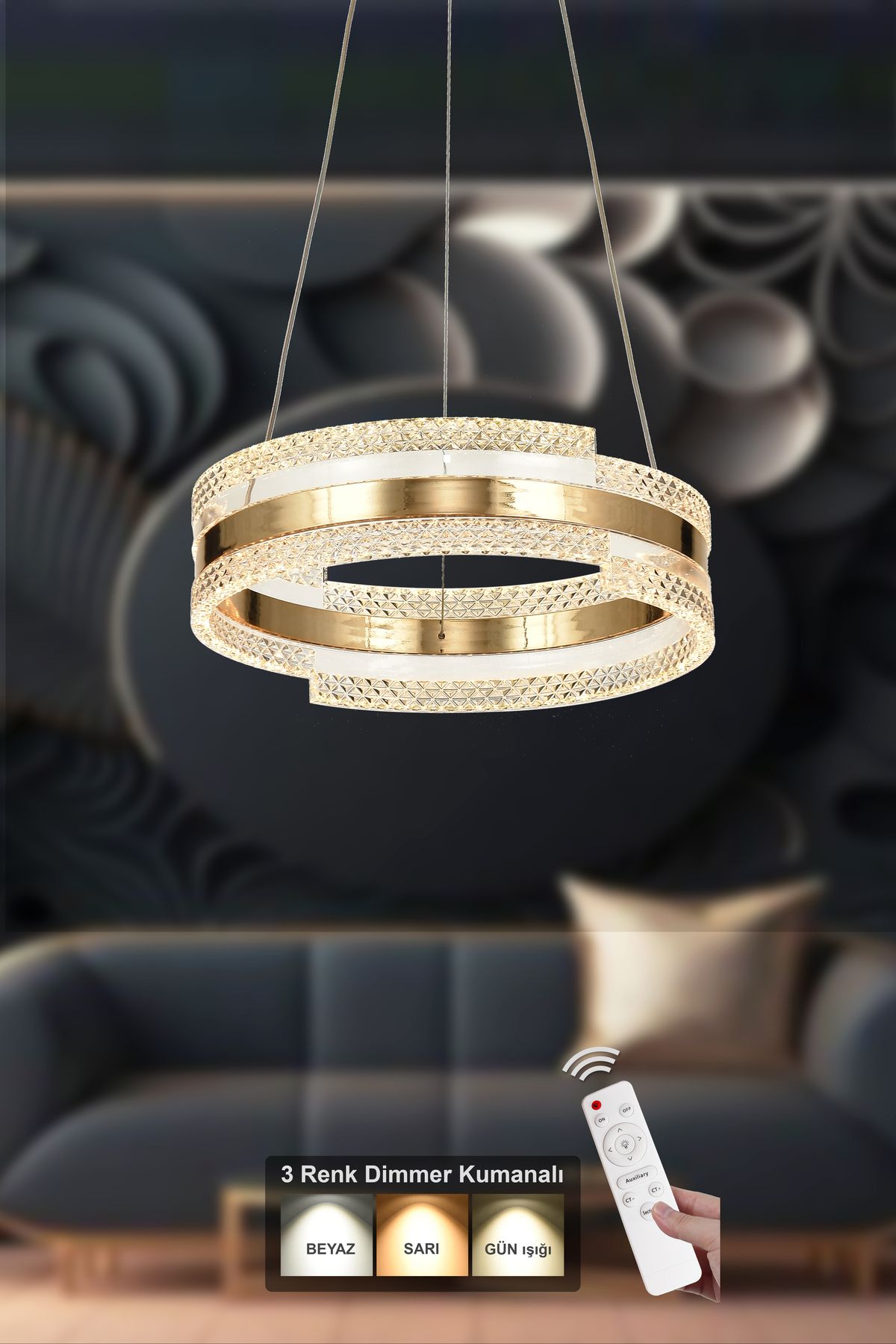 Avizemoda Savona 40 Cm Dimmer Kumandalı 3 Renk Ledli (SARI-BEYAZ-GÜN IŞIĞI) Modern Akrilik Avize -gold