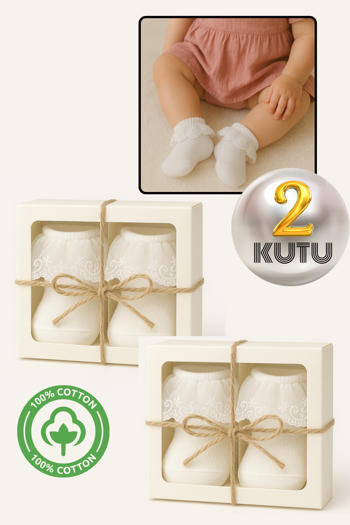 Kız Çocuk Pamuklu Dantelli Bebek Çorap (2'li Set Kutulu) Patik Çorap — görsel 5 · KIZ-BEBEK-ÇORAP3