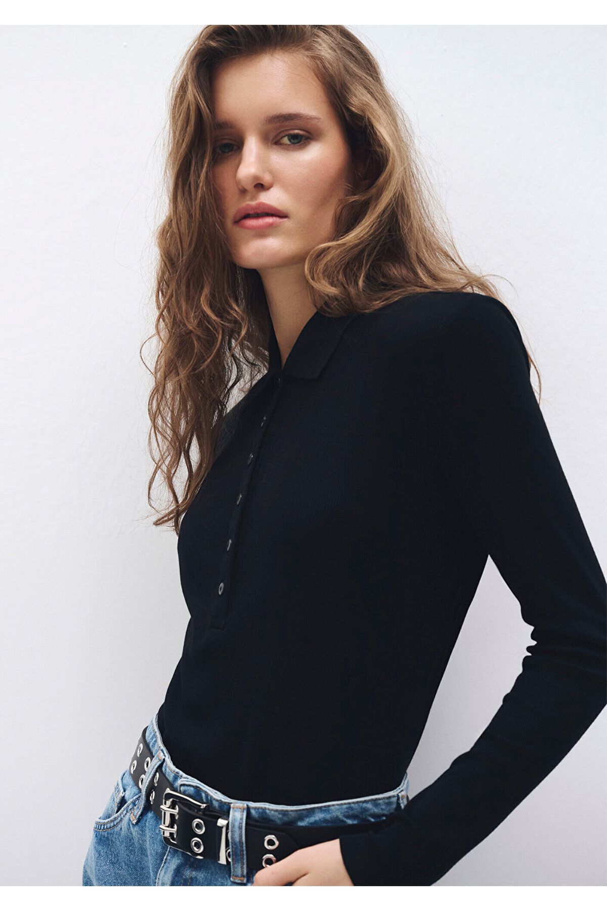 Mavi-Polo Neck Long Sleeve Black T-Shirt Fitted / Body Fitted Cutout 1612929 -900 5