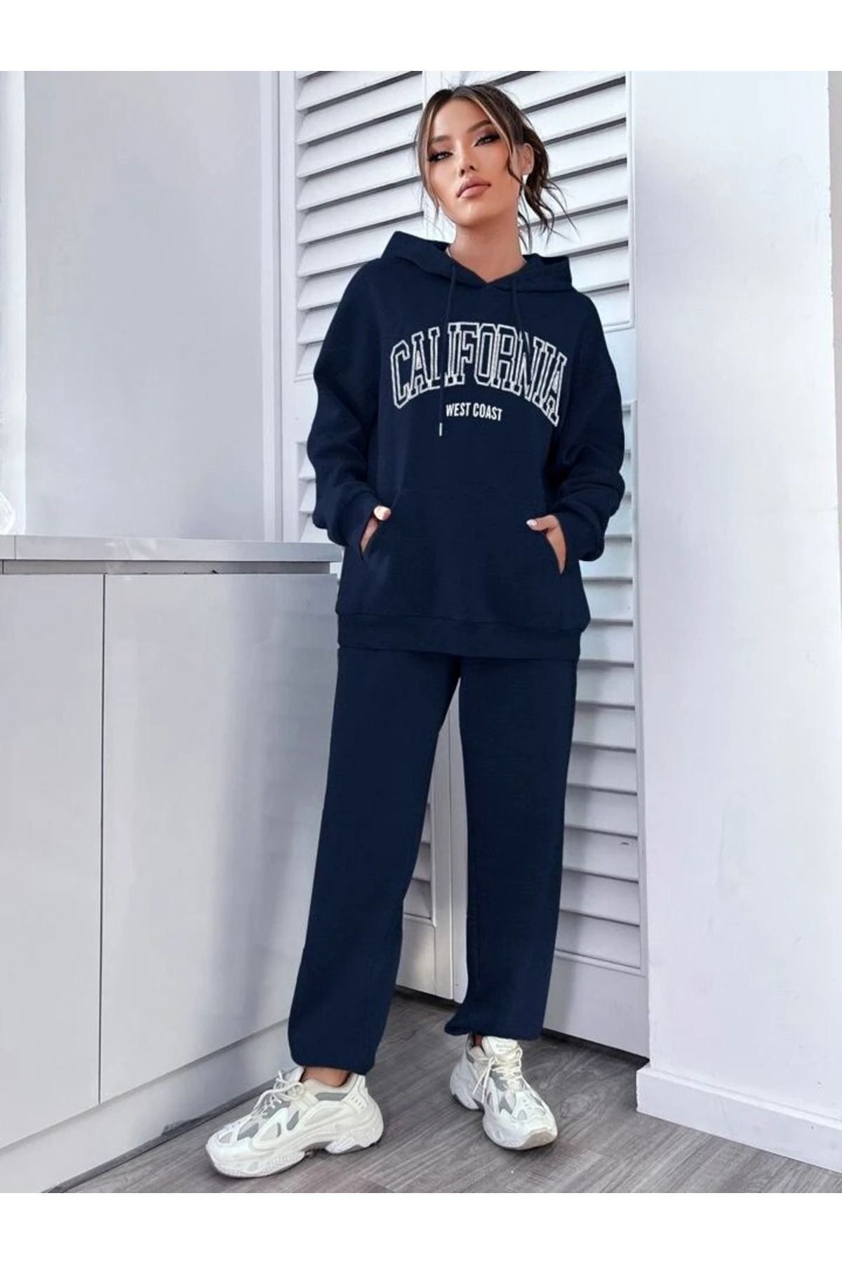 CLAYES-Set trening West Coast Hanorac Jogger - Bleumarin Imprimat Oversize Glugă 5