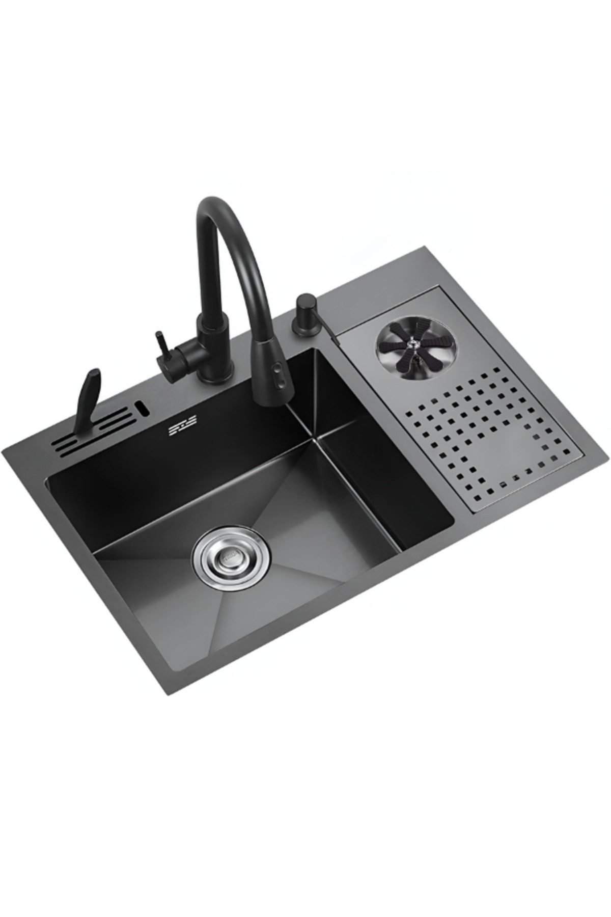 DUREVO Moderno Paslanmaz Çelik Bardak Yıkamalı Akıllı Mutfak Evyesi Bal Peteği Yüzey Siyah 68x45cm Eviye