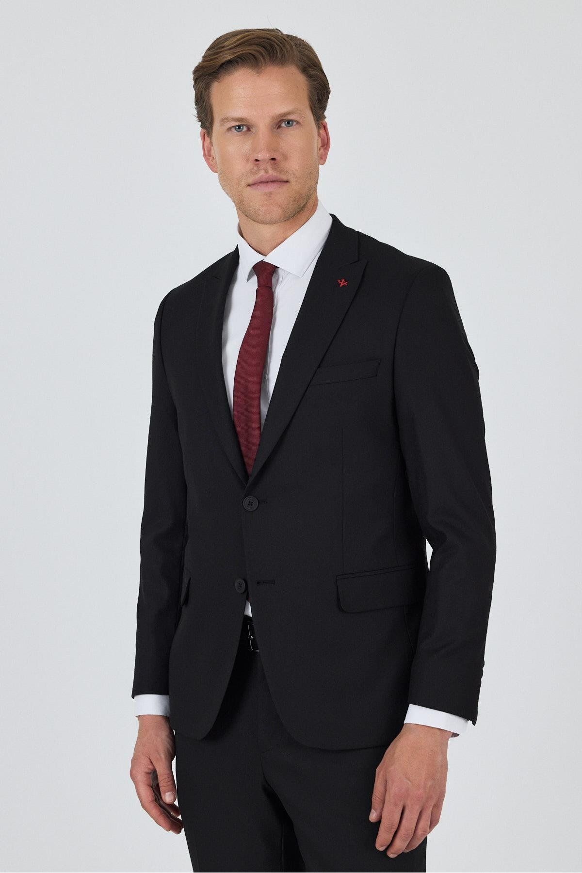 İmza Siyah Kılıç Yaka Astarlı Çift Yırtmaç Esnek 6 Drop Slim Fit Classic Takım Elbise 1001250162
