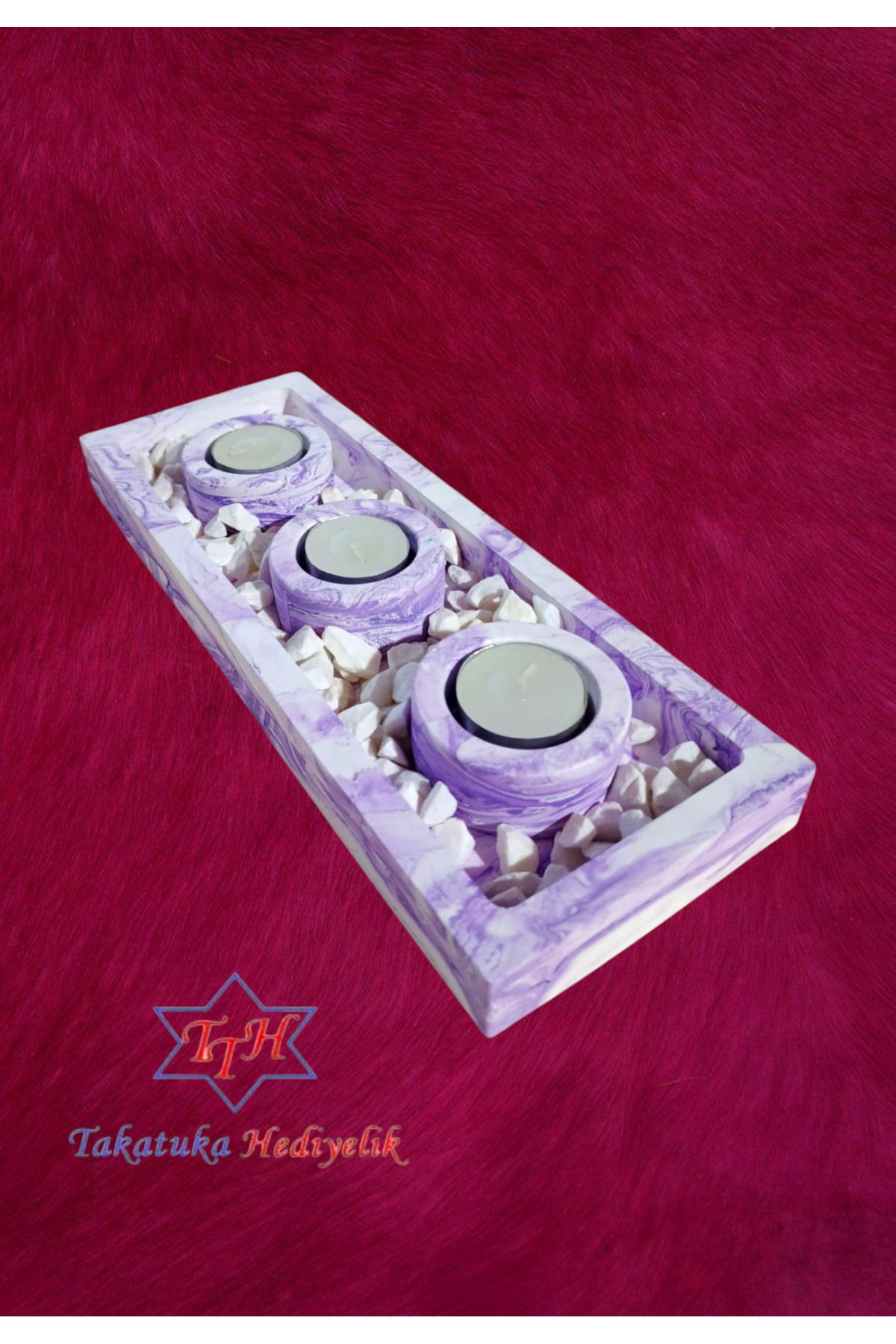 TTH Takatuka Hediyelik 4'Lü Set Beton Tabaklı Mumluk Dolomit Taşlı Tealight Mumluk (MUMLAR DAHİLDİR) ( 23x10 cm )