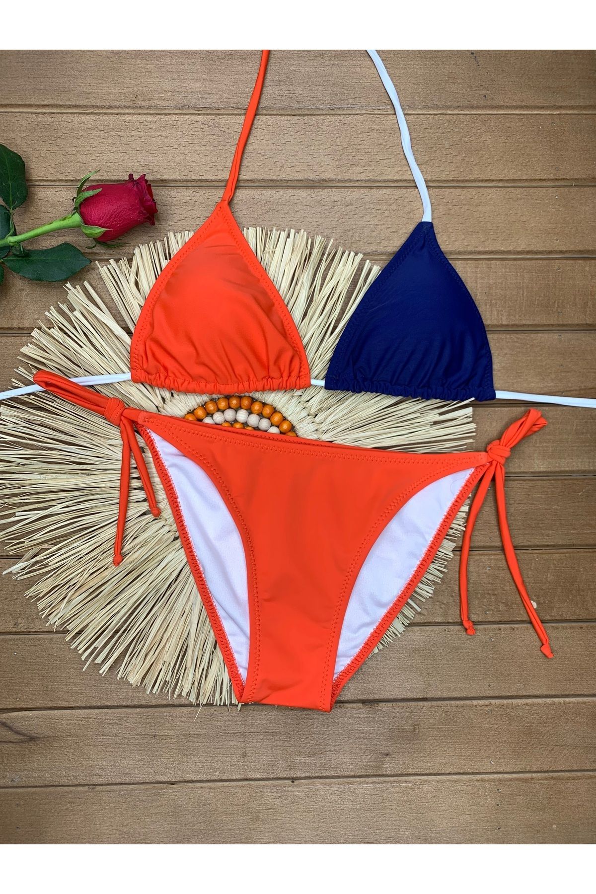 XORVİO Kadın Likralı Esnek Yandan Ve Boyundan Bağlamalı Şık Ipli Üçgen Lacivert Bikini Takım
