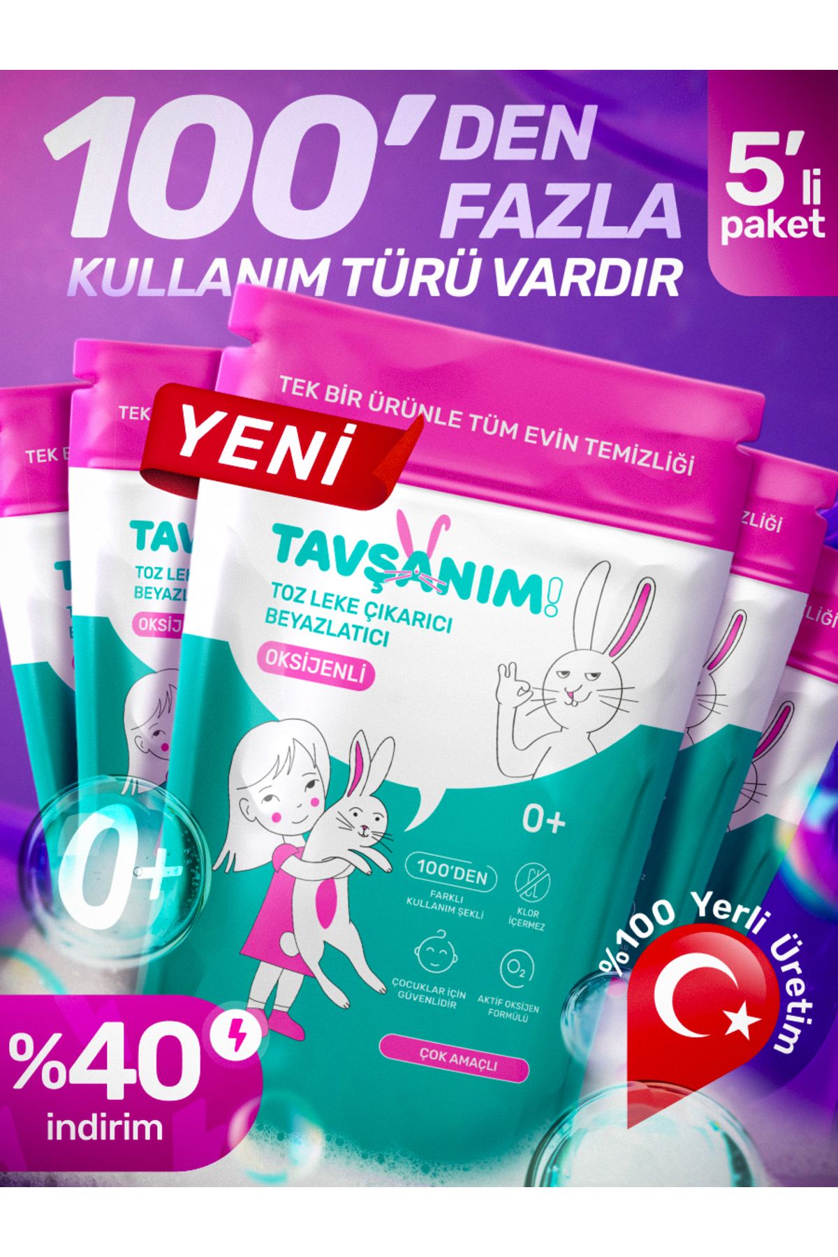 TAVŞANIM! Çok Amaçlı Oksijenli Toz Leke Çıkarıcı Ve Beyazlatıcı 5x800g