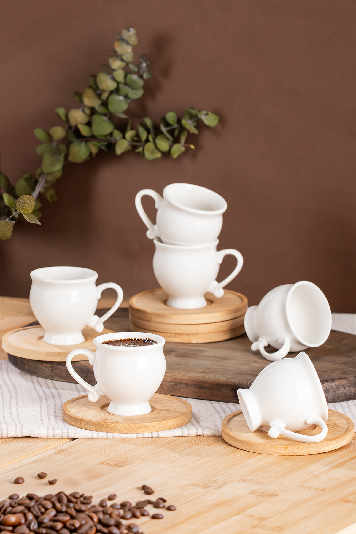 Porsima-101964 Porcelain 6-Person Cup Set with Bamboo Plate 12 Piece Turkish Coffee Cup Set-90Ml 2