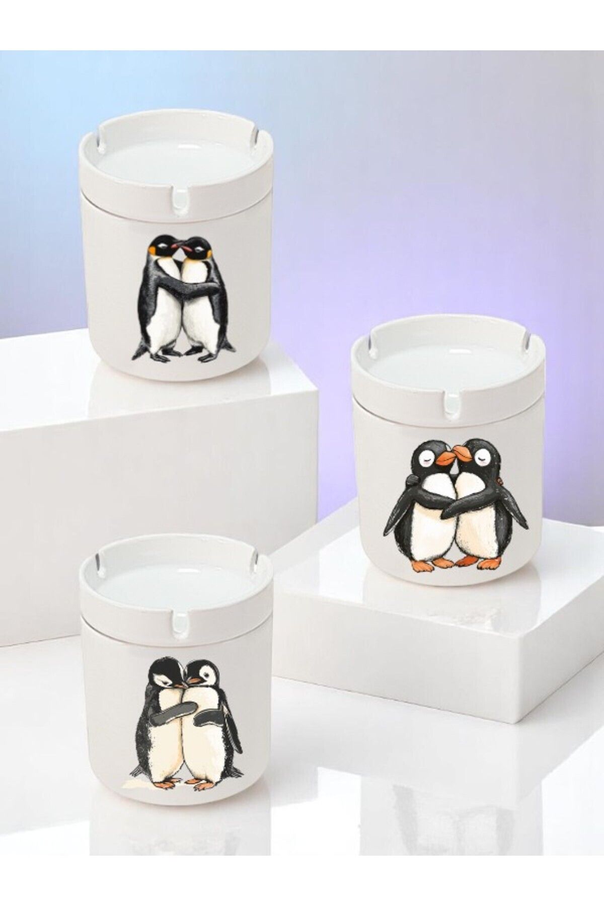 lili hediyelik Penguen Baskılı 3'lü Seramik Küllük Kül Tablası