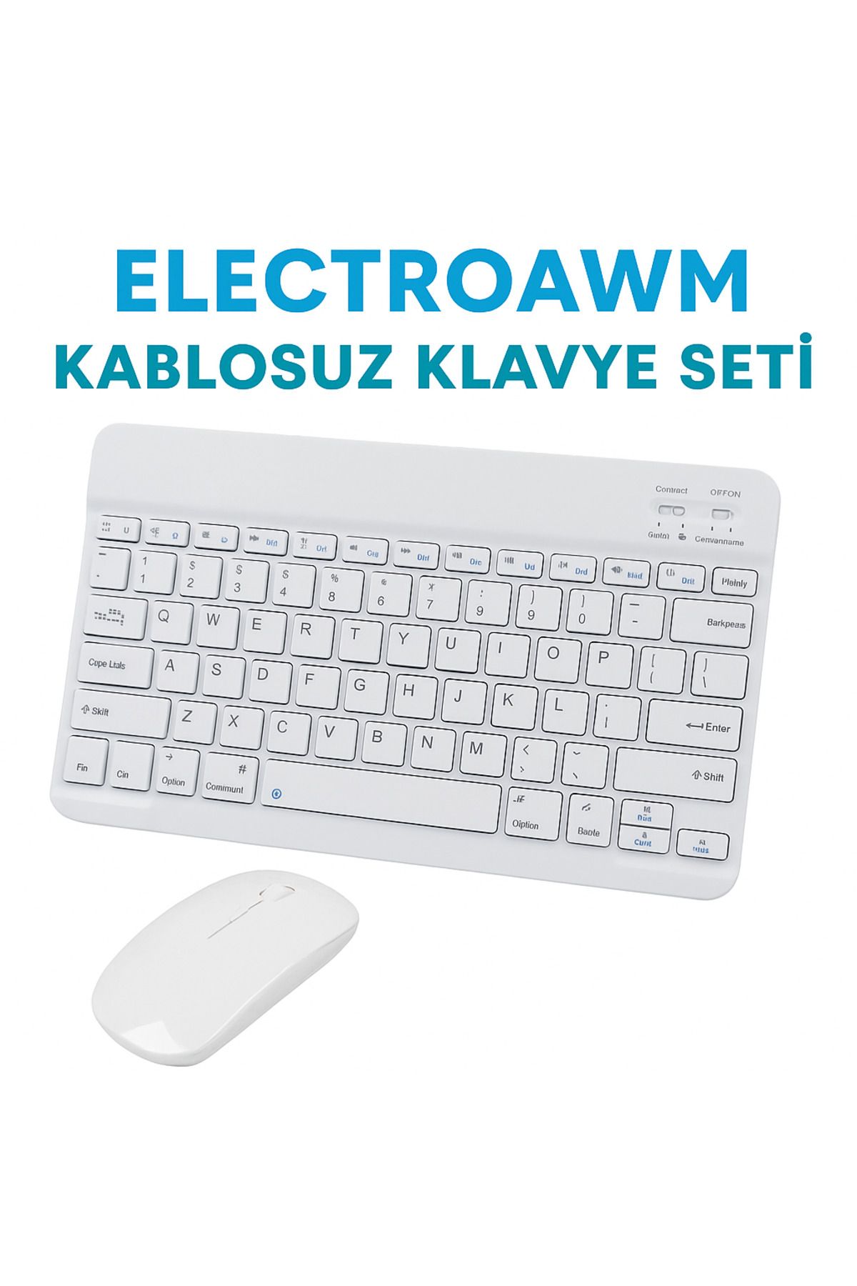 electroawm Kablosuz Bluetooth Klavye + Mouse Seti (iOS / Android / Windows Uyumlu) BEYAZ