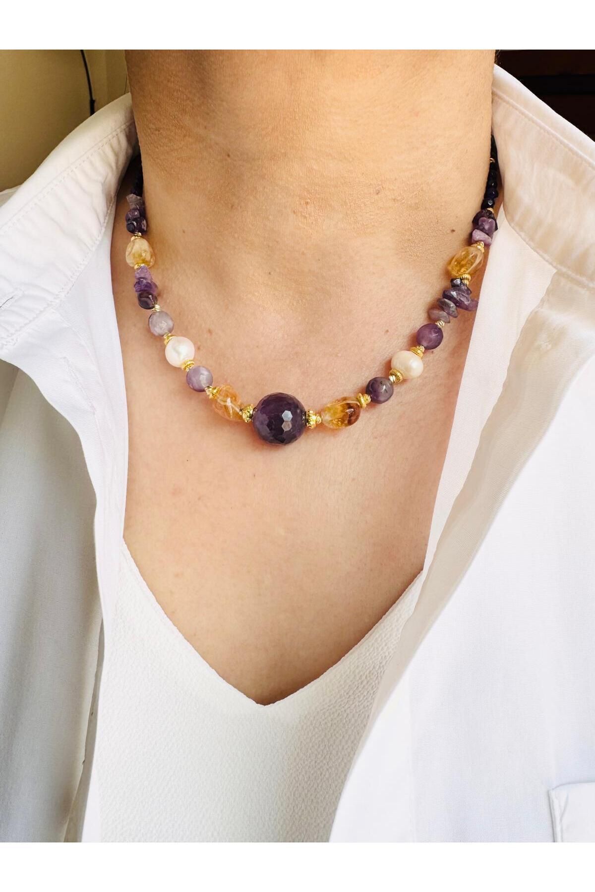 DEVİ fashion Ametist Sitrin Doğal Taş Gerçek İnci Kolye 45 cm