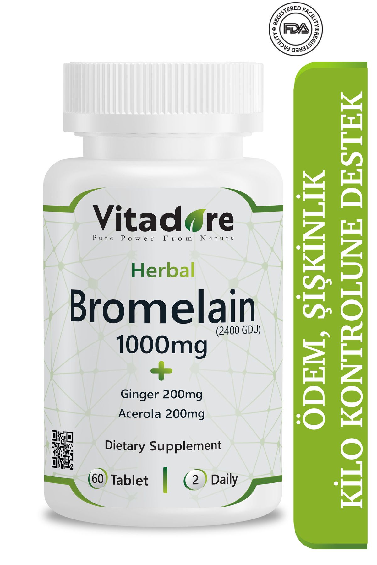 Vitadore Bromelain 1000mg (2400 GDU) & Zencefil (Ginger) 200mg & Acerola 200mg - 60 Tablet