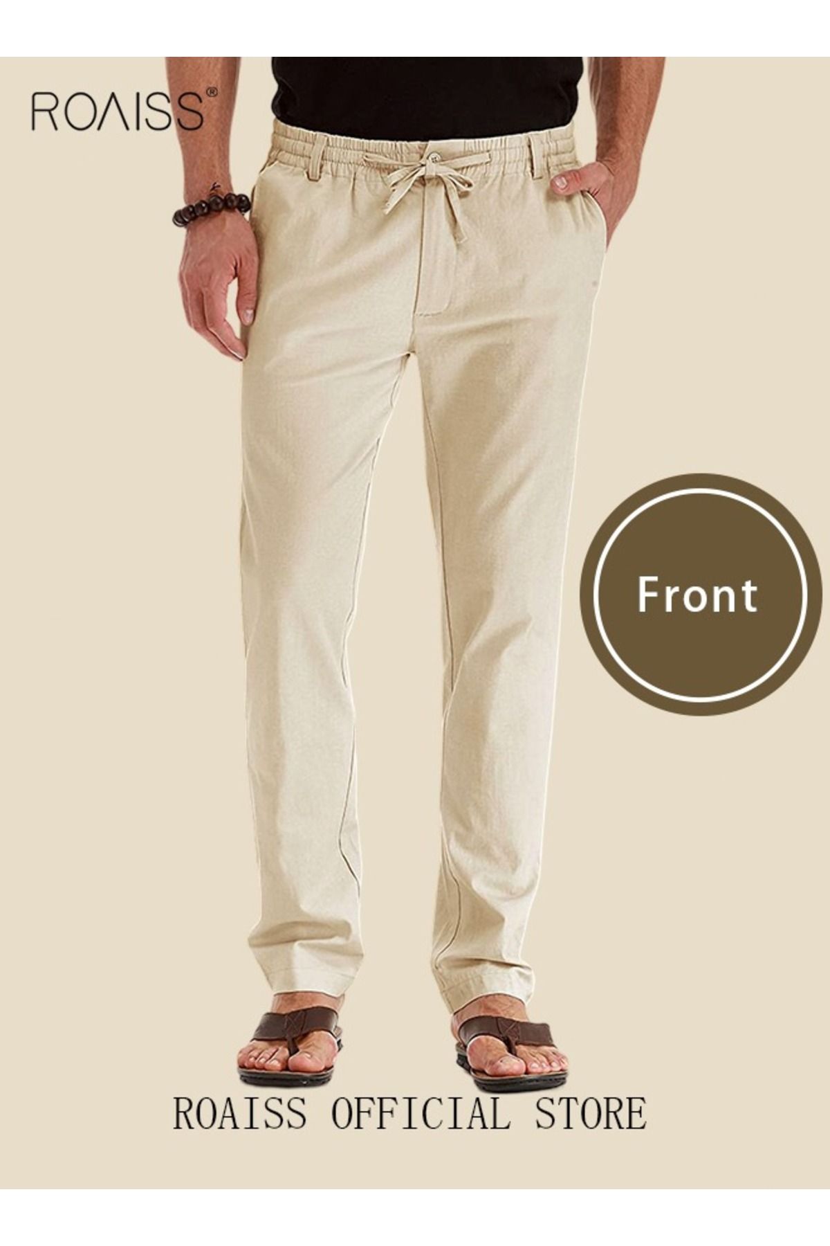 ROAISS-Men's Casual Solid Color Pants Loose Drawstring Waist Elastic Design Cotton Versatile Trousers 3