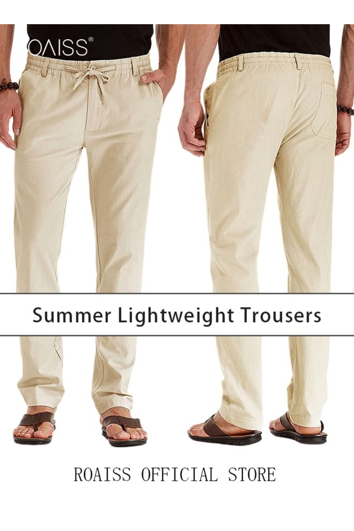 ROAISS-Men's Casual Solid Color Pants Loose Drawstring Waist Elastic Design Cotton Versatile Trousers 2