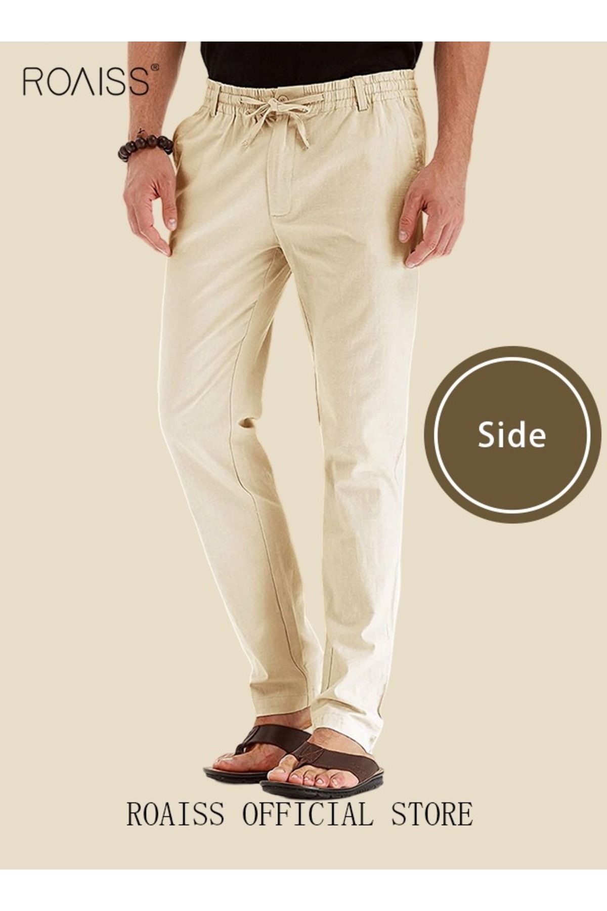 ROAISS-Men's Casual Solid Color Pants Loose Drawstring Waist Elastic Design Cotton Versatile Trousers 4