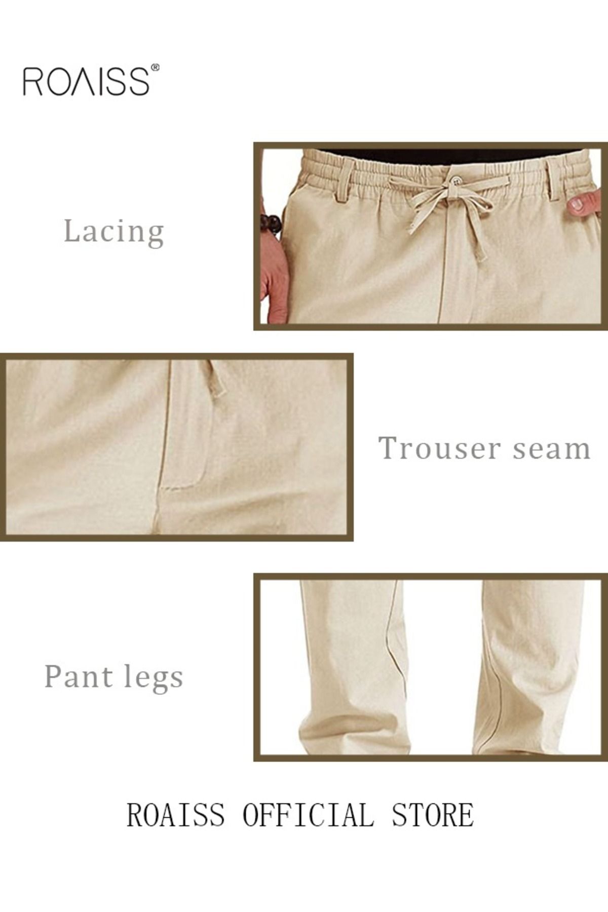 ROAISS-Men's Casual Solid Color Pants Loose Drawstring Waist Elastic Design Cotton Versatile Trousers 6