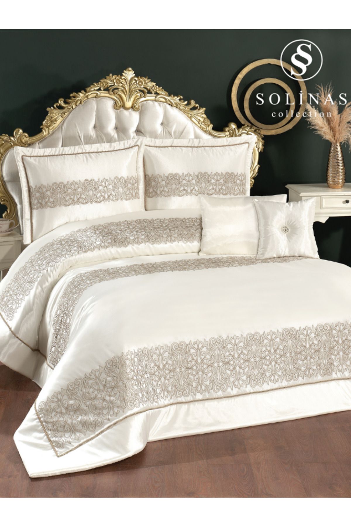 Solinas Collection Eleganza Saten Nakışlı Krem - Vizon Çift Kişilik Çeyizlik Yatak Örtüsü