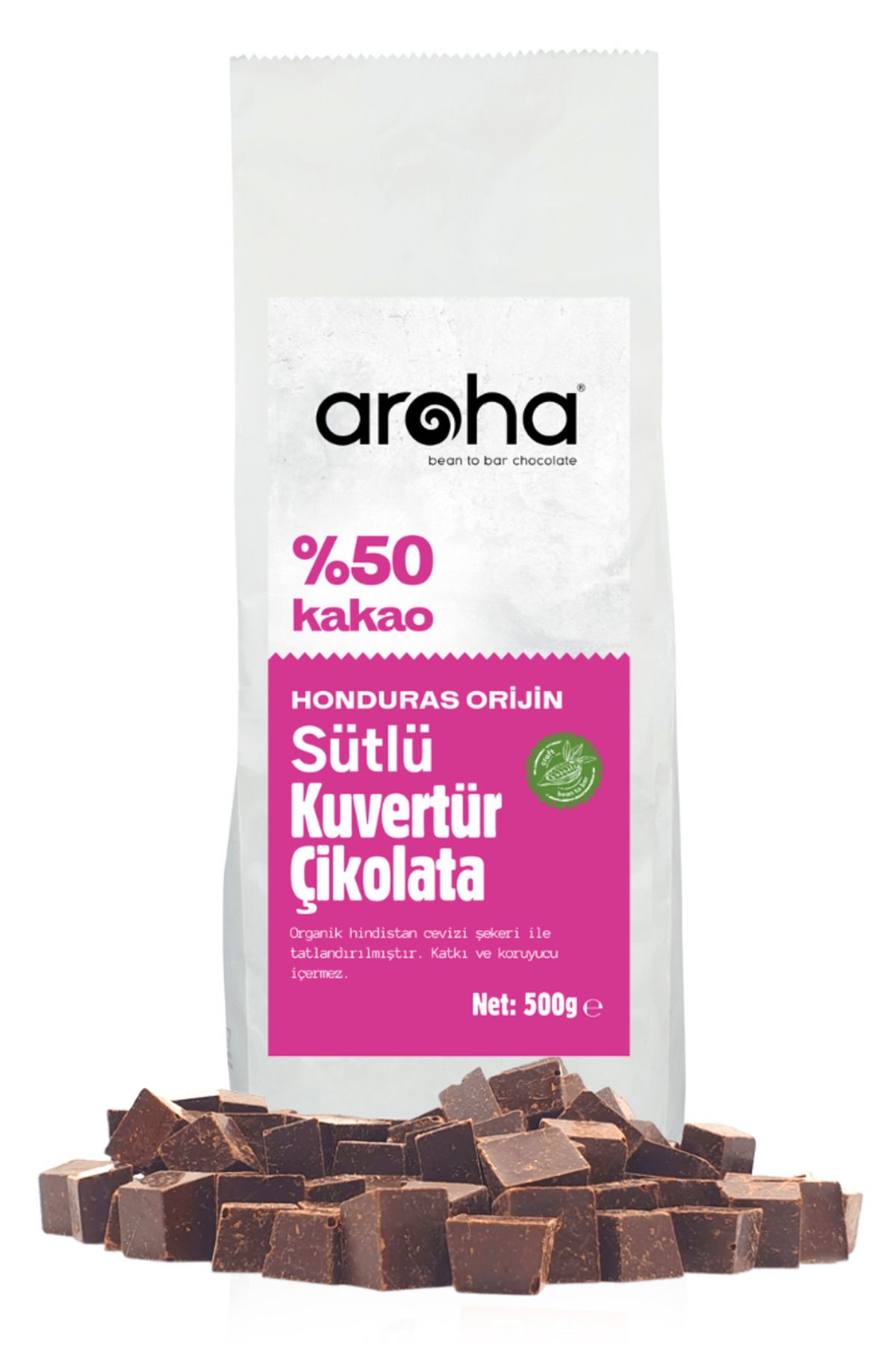AROHA %50 Kakao Honduras Orijin Sütlü Kuvertür Çikolata 500 G
