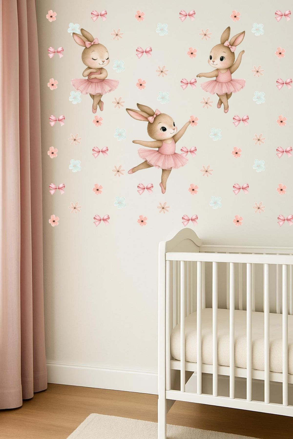 Tasarım Bale Yapan Tavşanlar Bebek, Çocuk Odası Duvar Sticker Seti, Cam Sticker