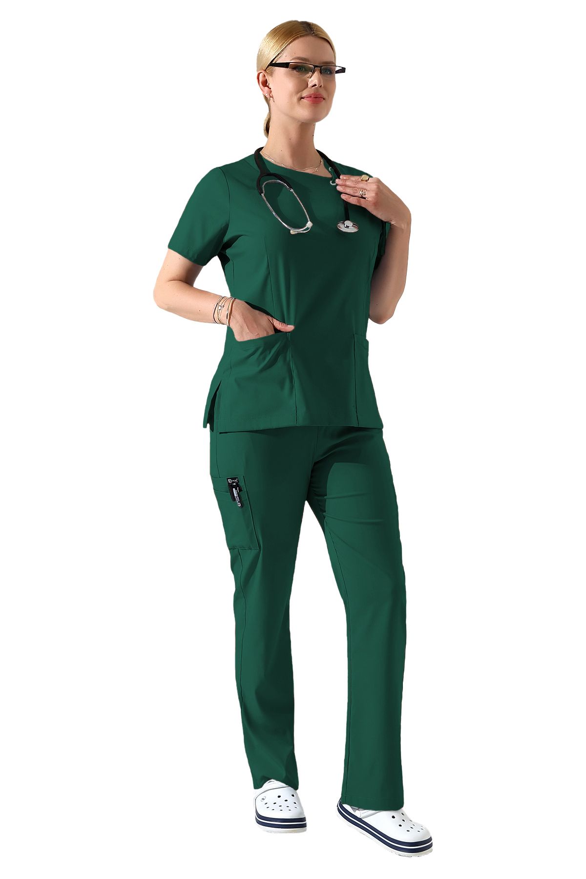 BEDUCA Yeşil Likralı Yaka Detaylı Doktor Scrubs Takımı, Estetisyen Ve Güzellik Merkezi Kıyafeti