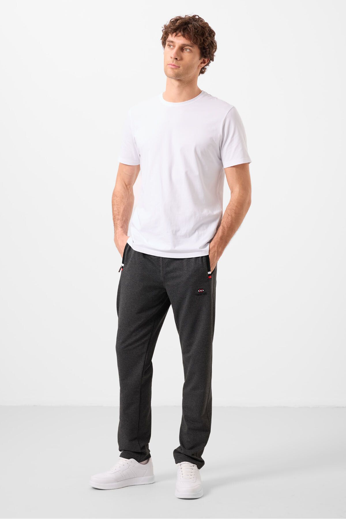 TOMMY LIFE-Anthracite Melange - Black Zipper Pocketed Tight Mold Classic Leg Men's Tracksuit Bottom - 84649 4