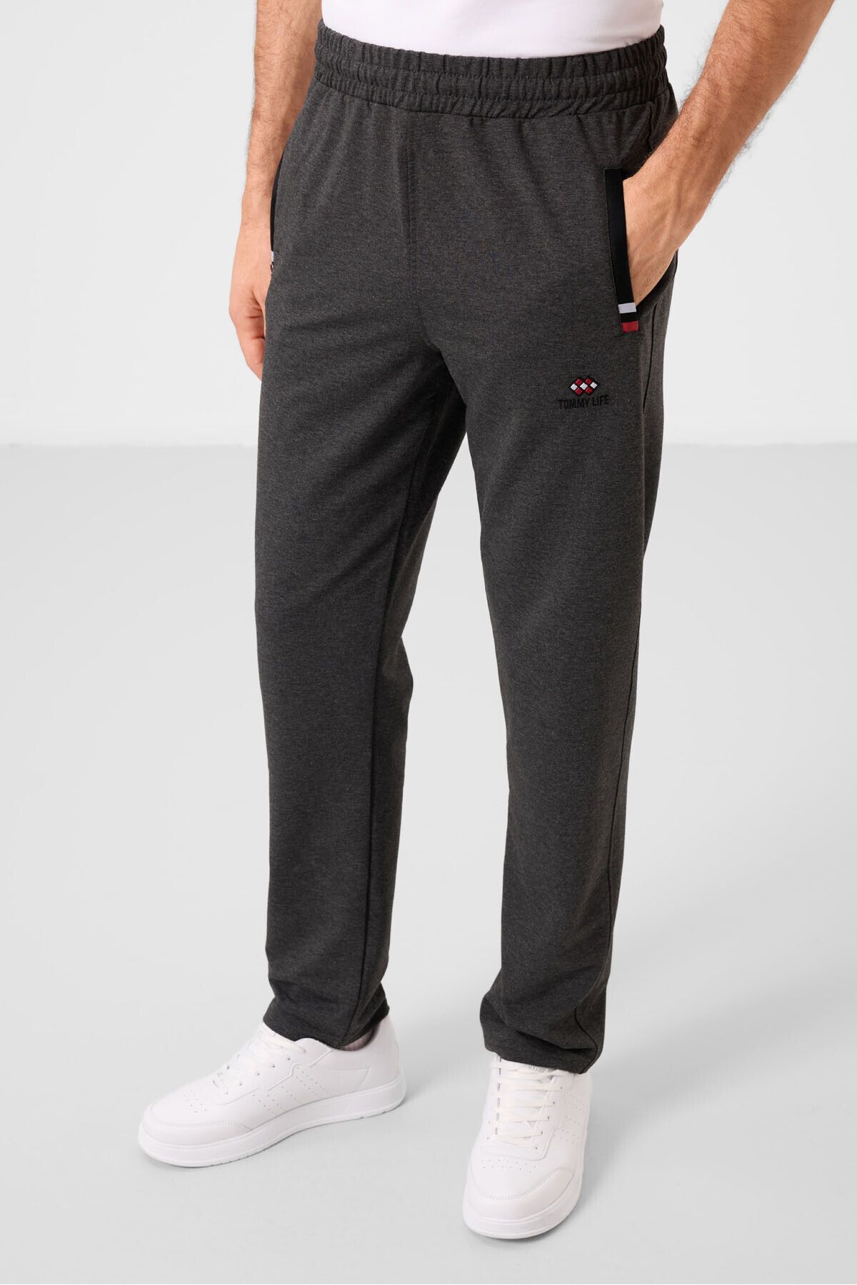 TOMMY LIFE-Anthracite Melange - Black Zipper Pocketed Tight Mold Classic Leg Men's Tracksuit Bottom - 84649 5