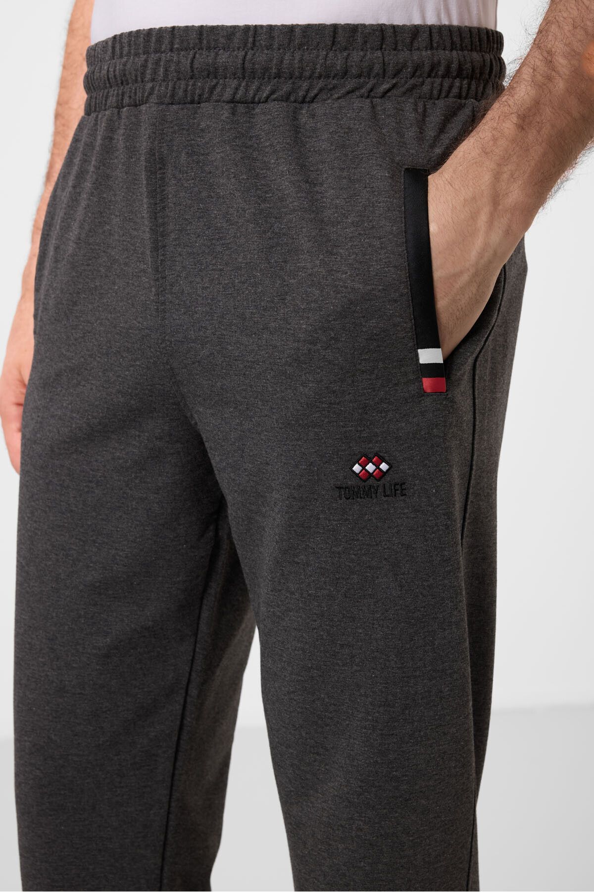 TOMMY LIFE-Anthracite Melange - Black Zipper Pocketed Tight Mold Classic Leg Men's Tracksuit Bottom - 84649 3