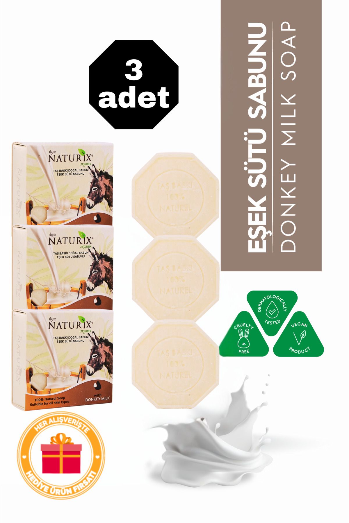 Naturix Eşek Sütü Özlü Taş Sabun 3'lü Eko Paket Nemlendirici ve Cilt Canlandırıcı Bakım - 3x125 gr