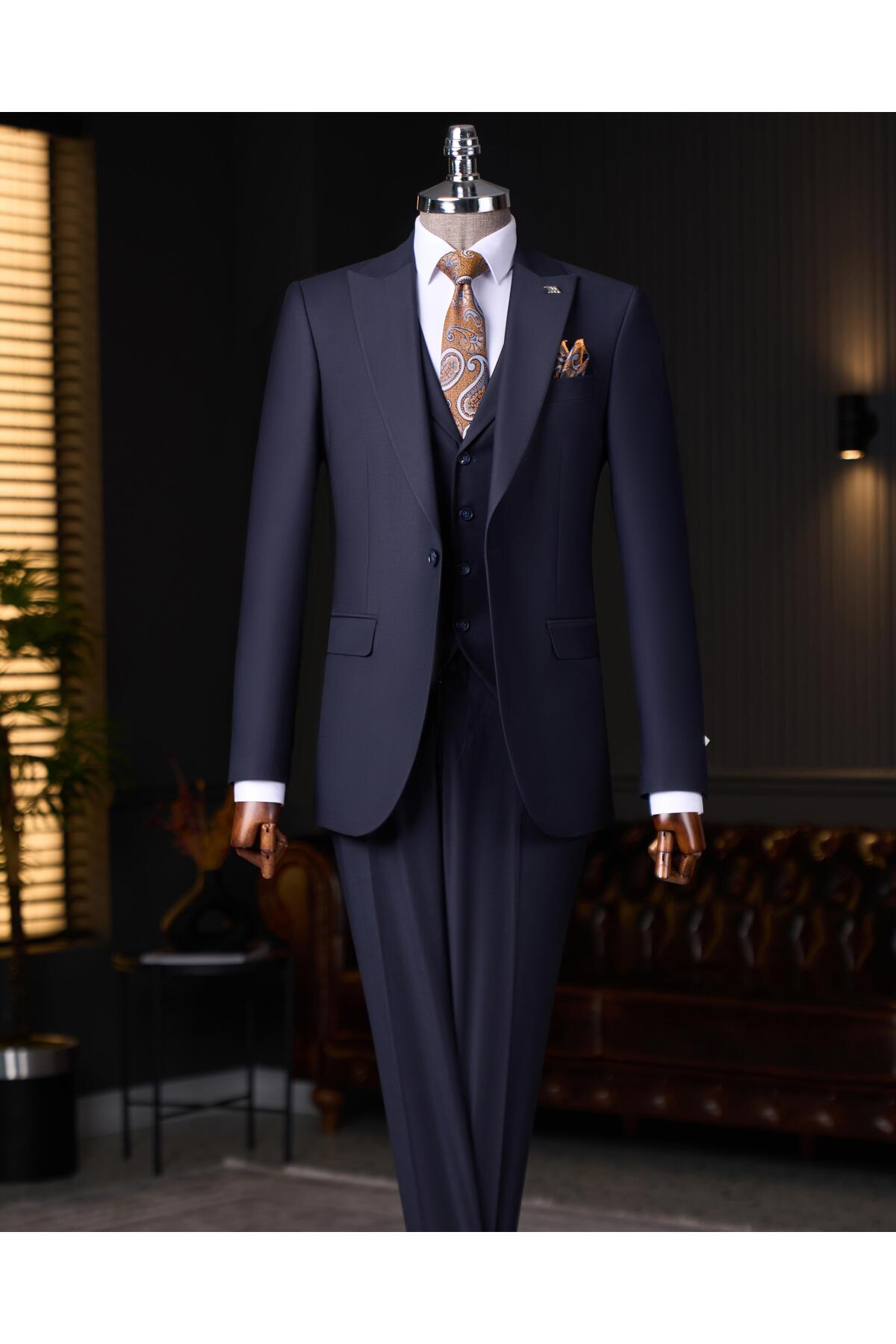 TerziAdemAltun Italian Style Slim Fit Men Jacket Vest Pants Suit Navy Blue T9023