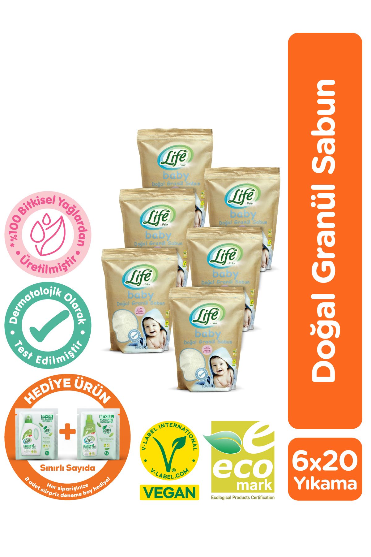 Life by Fakir Doğal Bebek Granül Toz Sabun 1 kg x 6 Adet Avantaj Seti