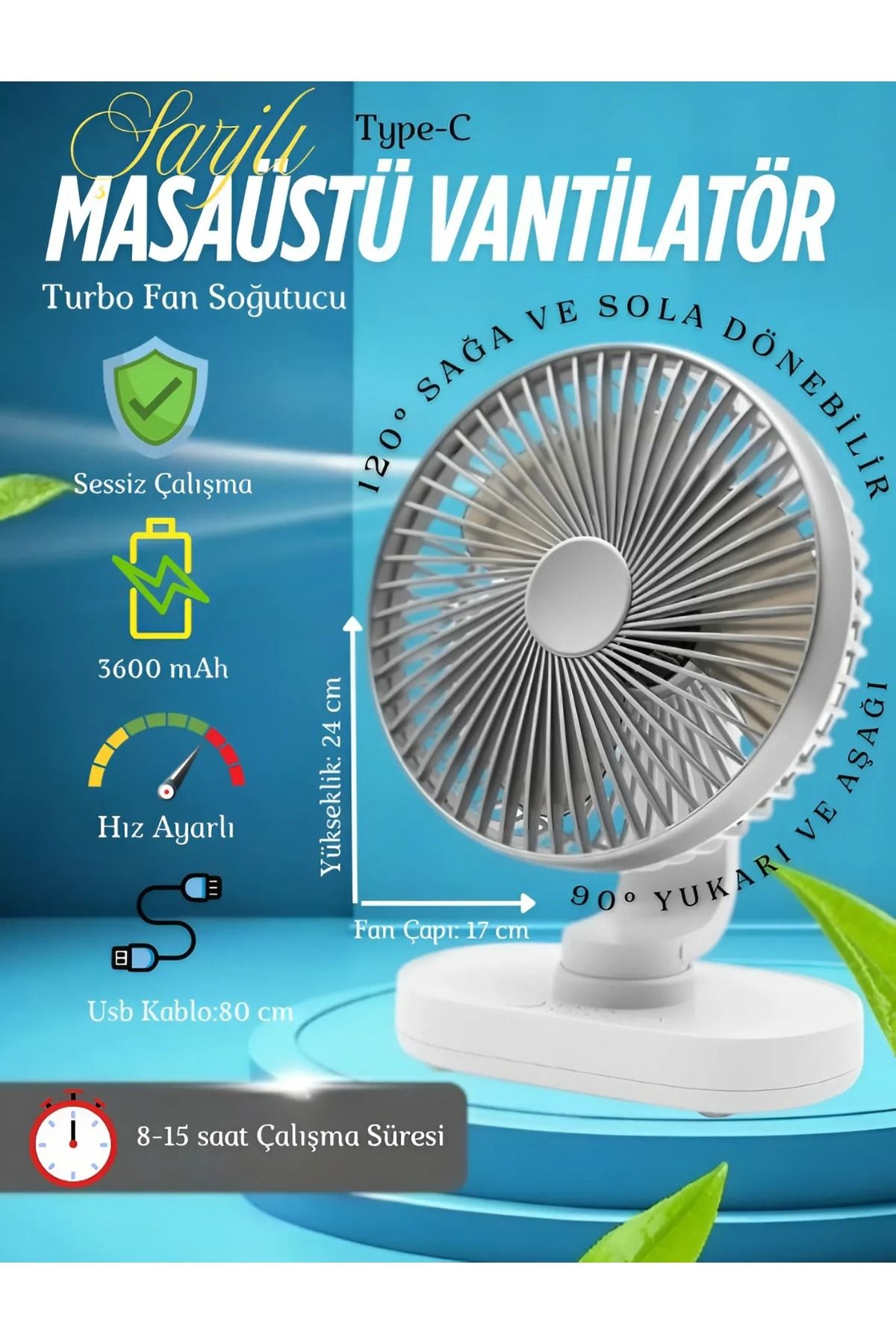 nextbuy Şarjlı Masaüstü 120°Otomatik Döner Oynar Başlıklı 4 Hız Modu Turbo Fan Soğutucu Vantilatör GriX881
