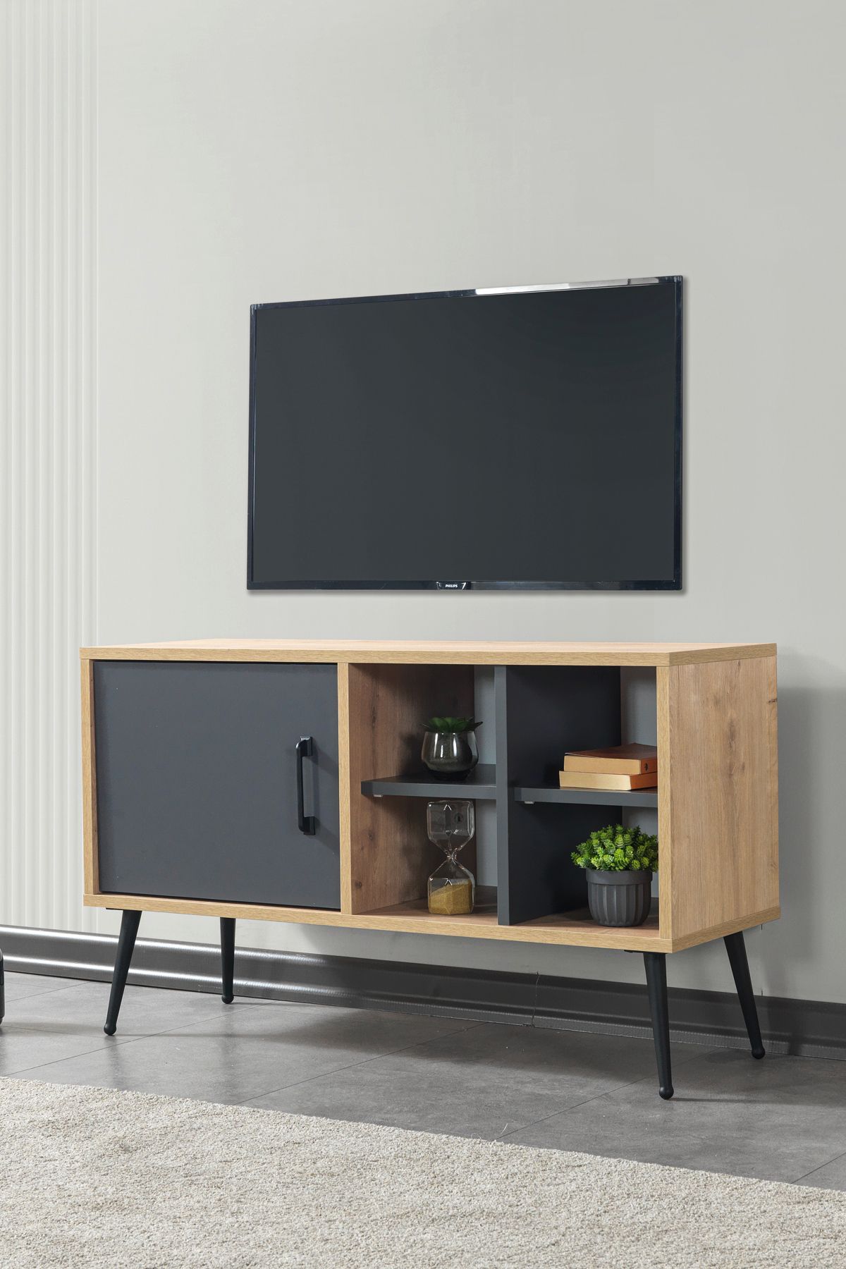 Evmo Home 3109 Şile Metal Ayaklı Metal Kulplu 100 Cm Tv Ünitesi - Antrasit Safir
