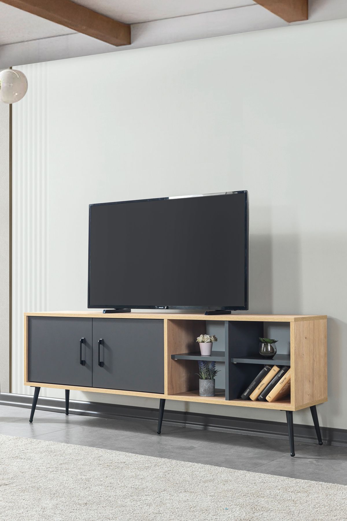 Evmo Home 3609 Şile Metal Ayaklı Metal Kulplu 160 Cm TV Ünitesi Antrasit - Safir