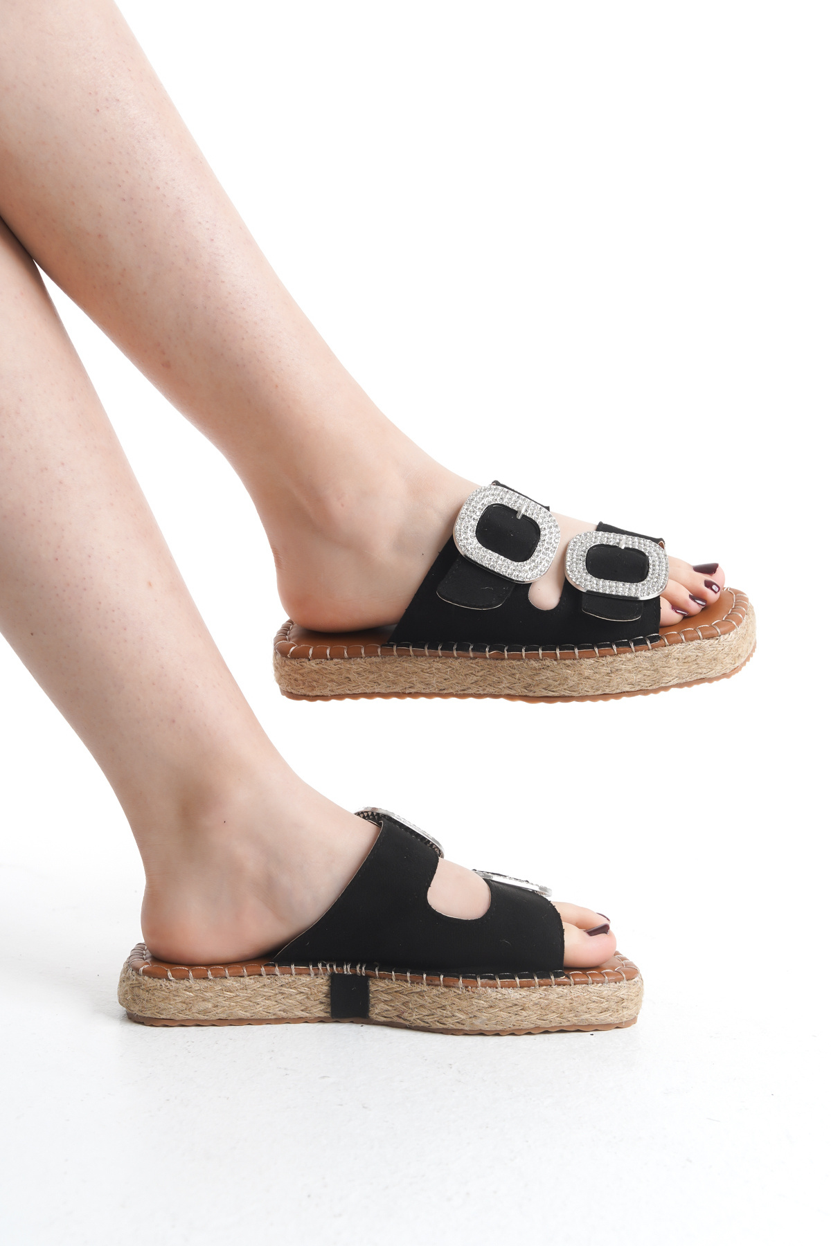 Limeo-Straw Heeled Double Stripe Top Stone Buckle Detailed Women's Daily Slippers Sandals 5