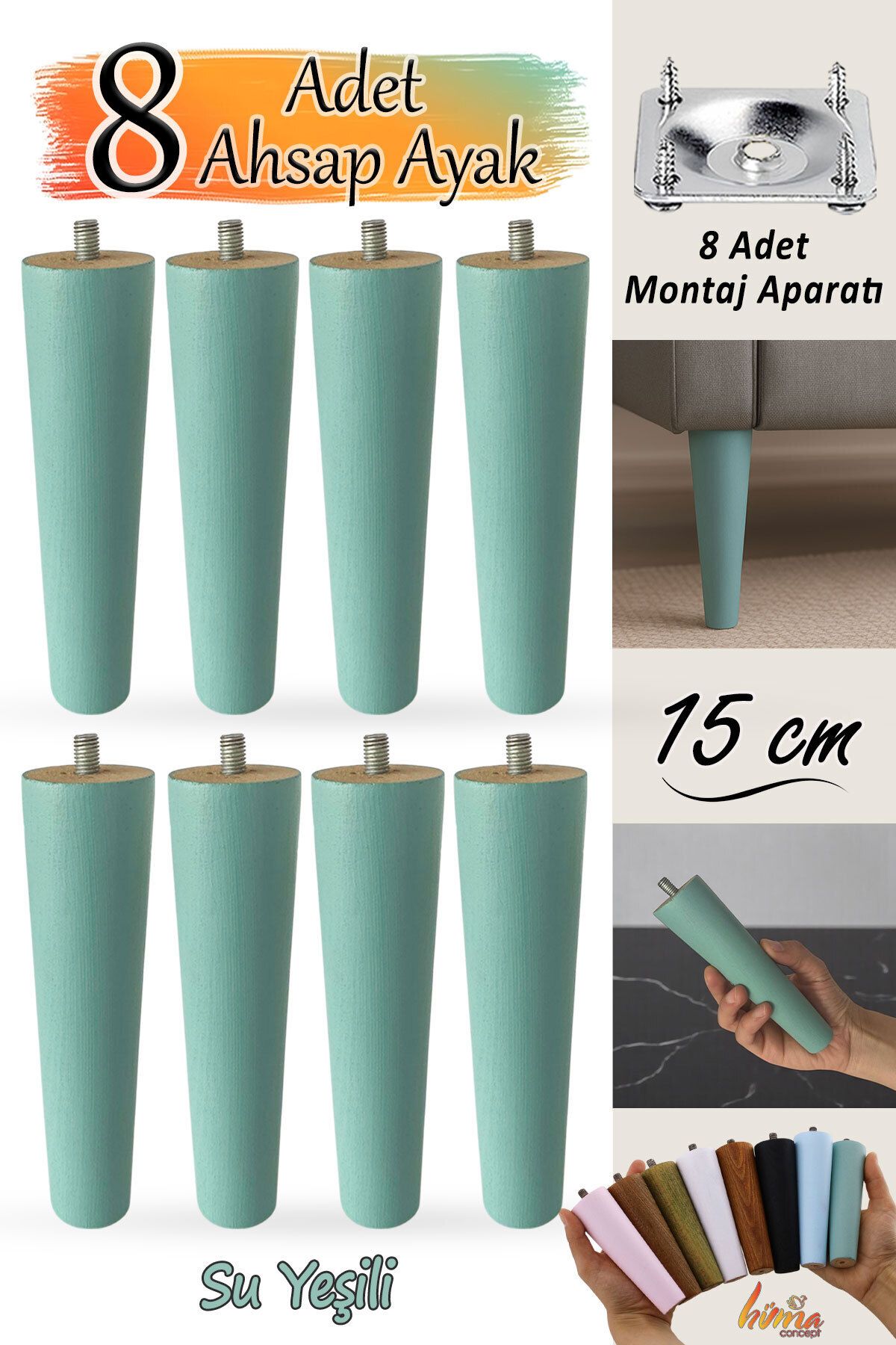 GLASWEN 8 Adet Ahşap Ayak 15 Cm Su Yeşili M8 Civatalı Bağlantı Aparatlı Mobilya Koltuk Kanepe Destek Ayağı