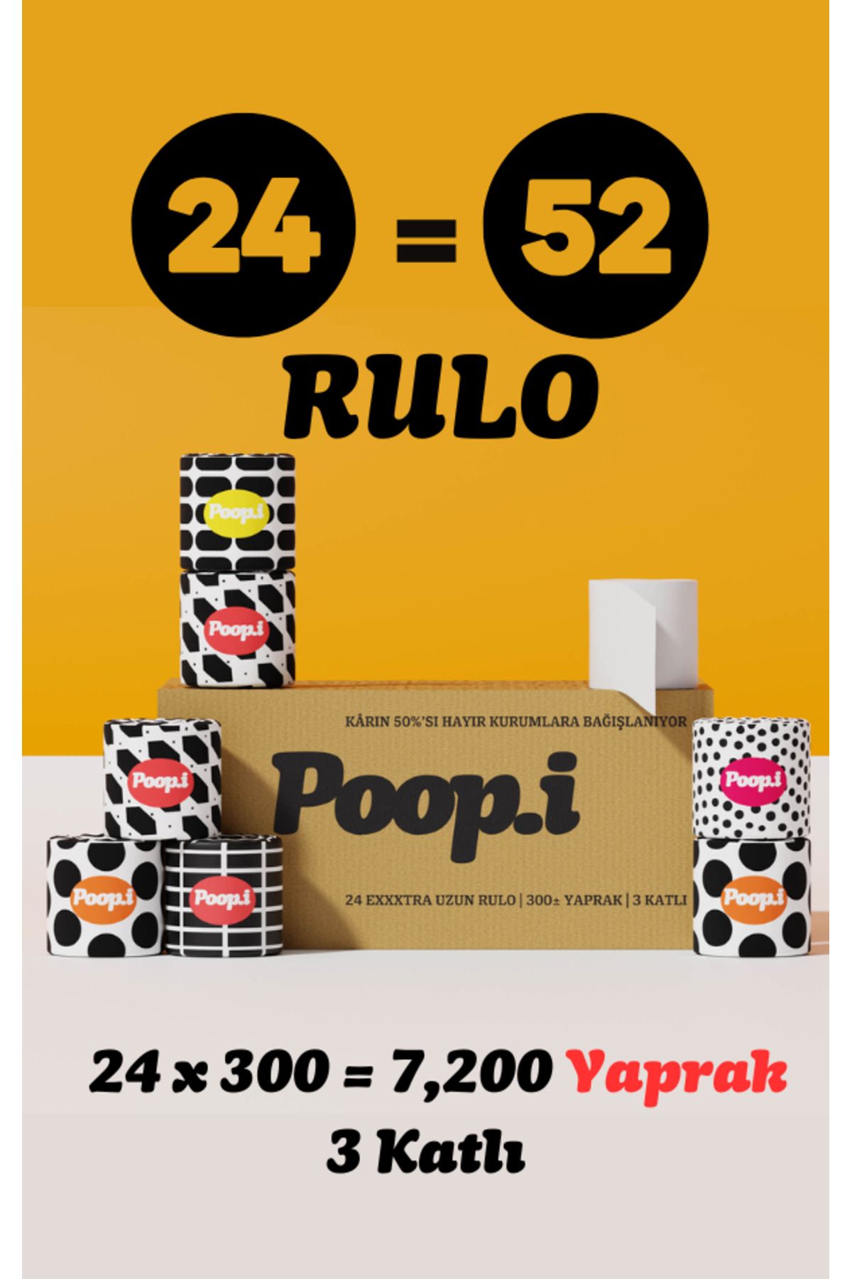Poop.i Black & White Edition Tuvalet Kağıdı 3 Katlı 24 Rulo 1=2.5 Extra Uzun Poopi