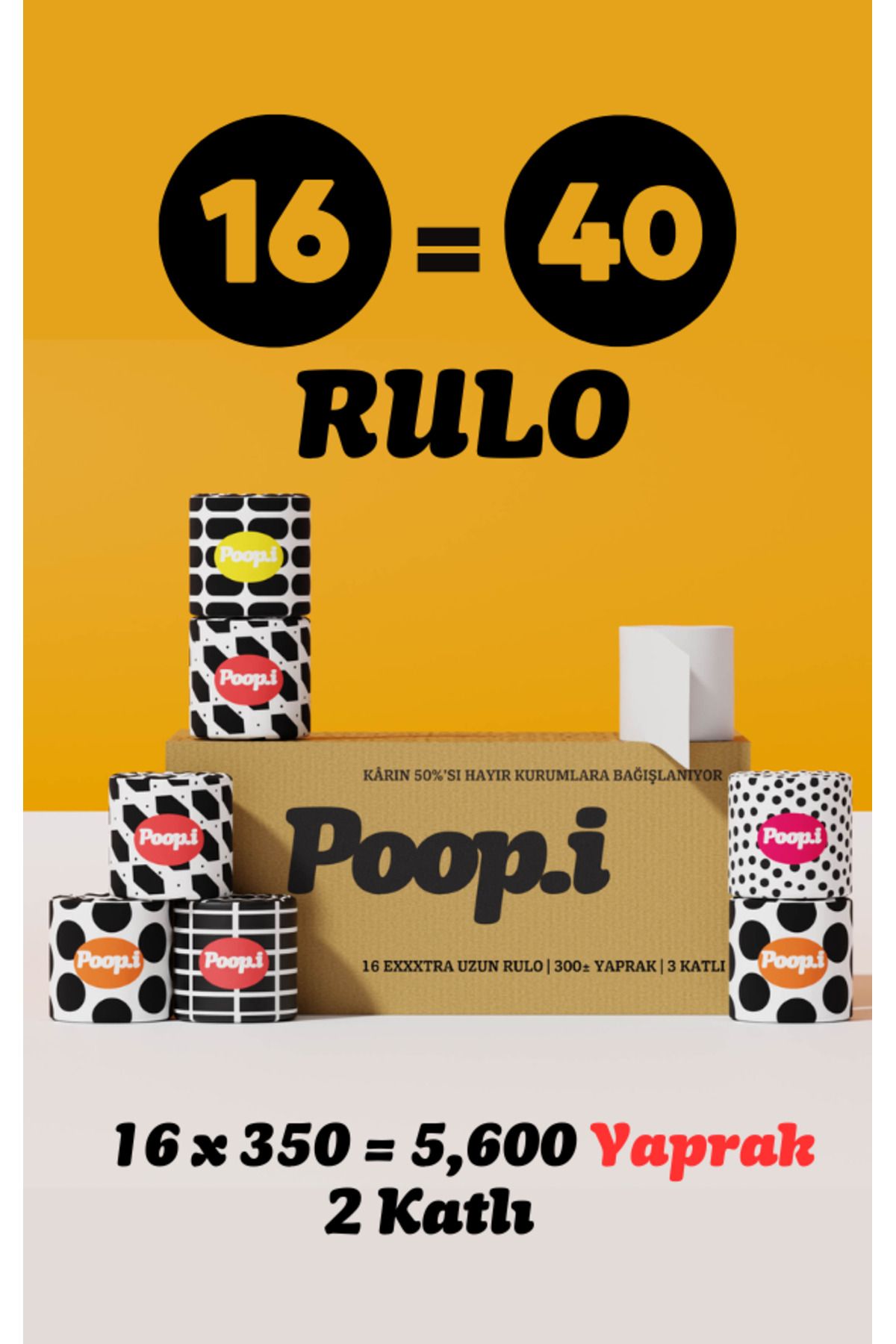 Poop.i Black & White Edition Tuvalet Kağıdı 2 Katlı 16 Rulo 1=2.5 Extra Uzun Poopi