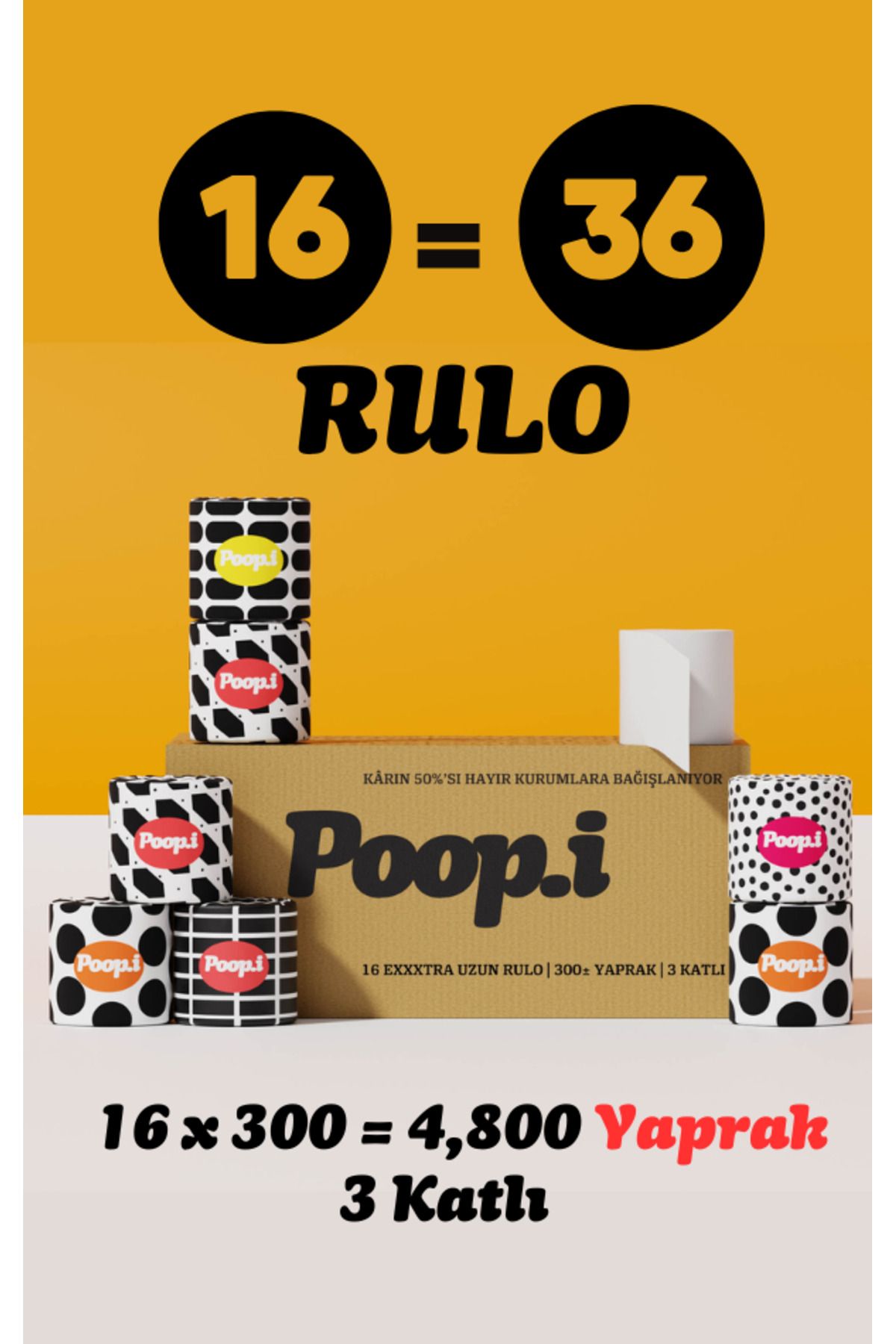 Poop.i Black & White Edition Tuvalet Kağıdı 3 Katlı 16 Rulo 1=2.5 Extra Uzun Poopi