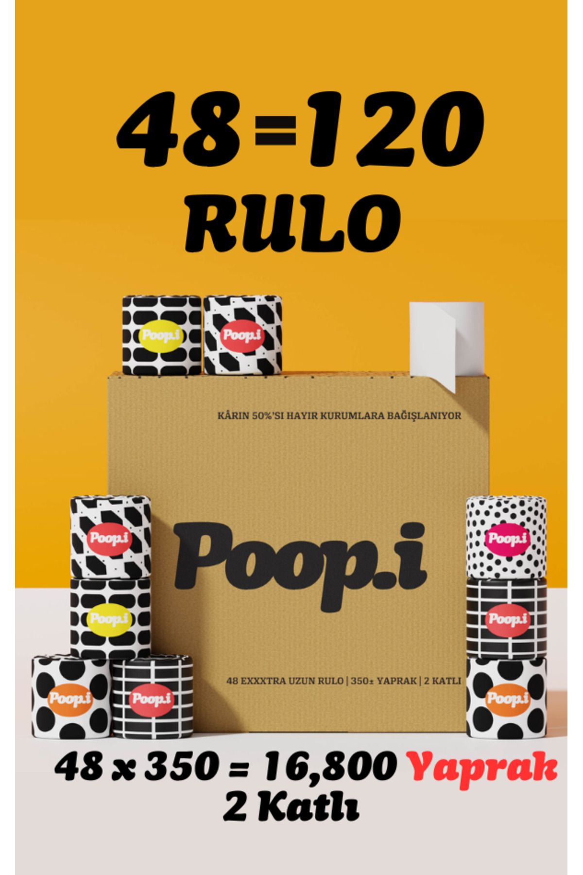 Poop.i Black & White Edition Tuvalet Kağıdı 2 Katlı 48 Rulo 1=2.5 Extra Uzun Poopi