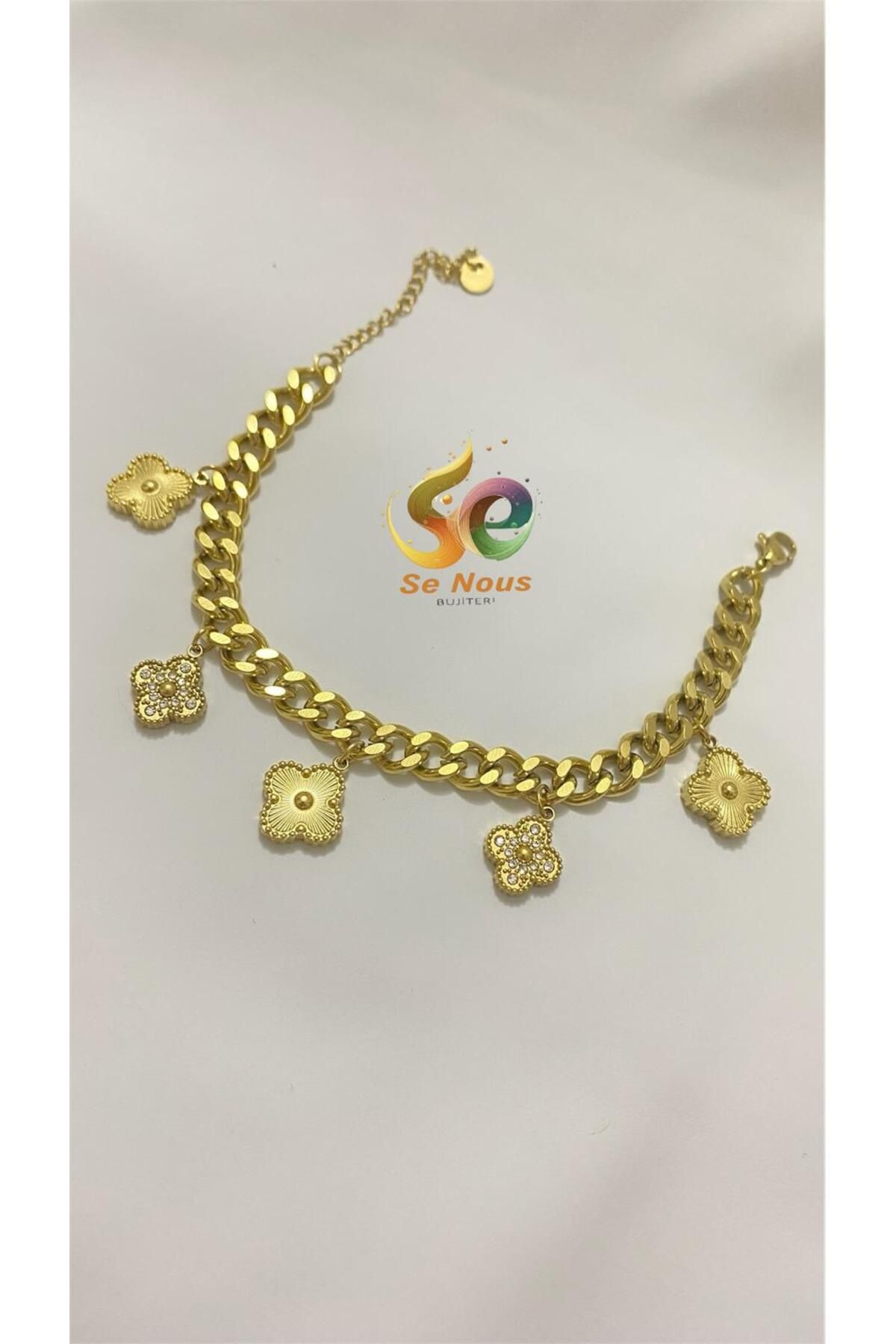 Butik Sık Geçiş Zincir Yonca Sallantı Detay Gold Altın Kaplama Çelik Bileklik