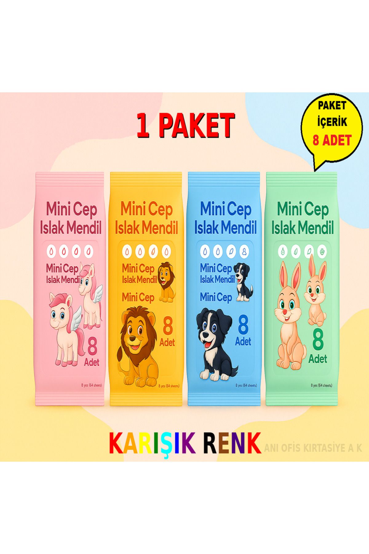 ANI OFİS KIRTASİYE A K 1 Adet Mini Cep Islak Mendil 8'li Paket | Aloe Veralı | Alkol İçermez | Yumuşak Dokulu