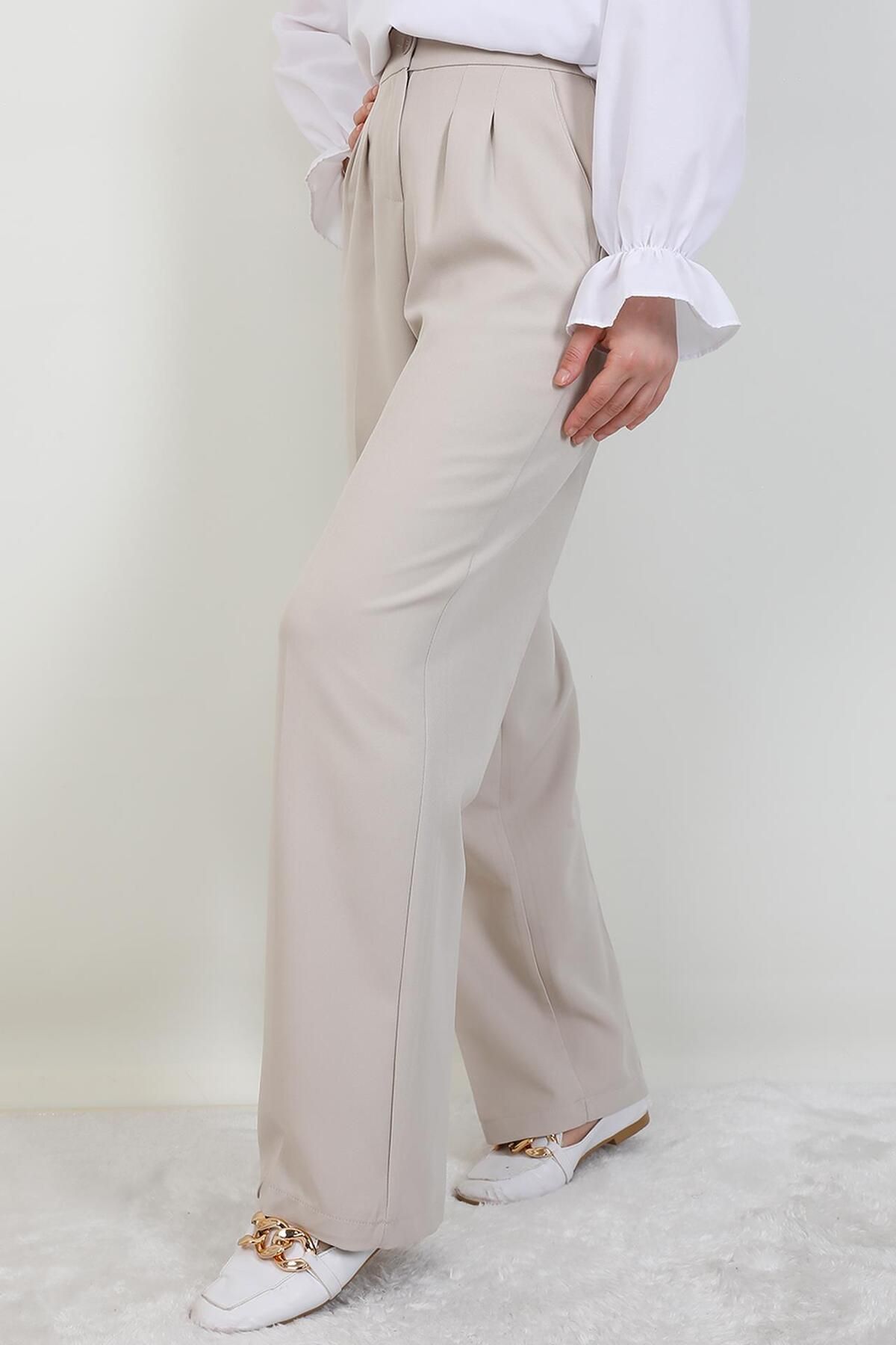 GİYZAMİLA-Elastic Waist Button Trousers Beige 2
