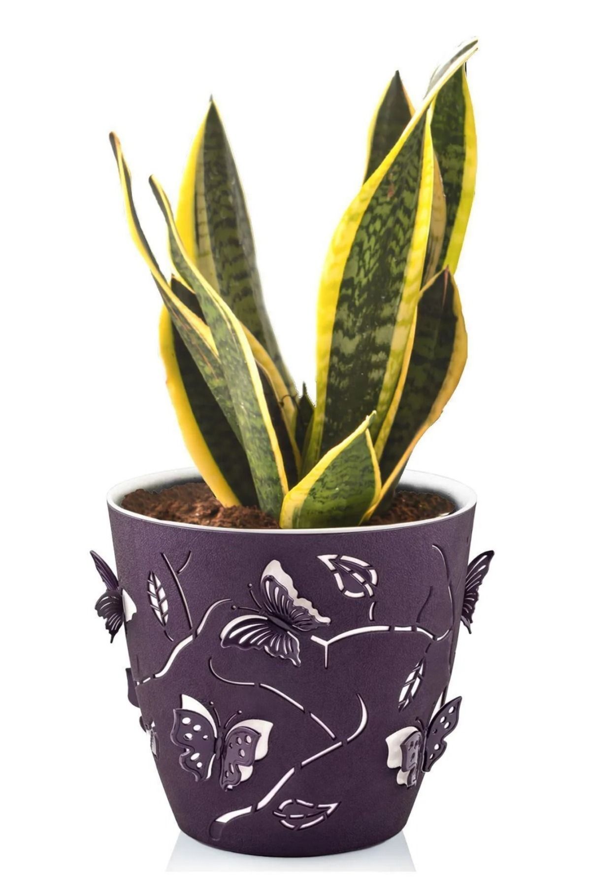 MF Botanik 1,4 Litre MOR 3d Kelebek Desenli Su Hazneli Dekoratif Plastik Saksı No1 Ø14,5x13,3cm