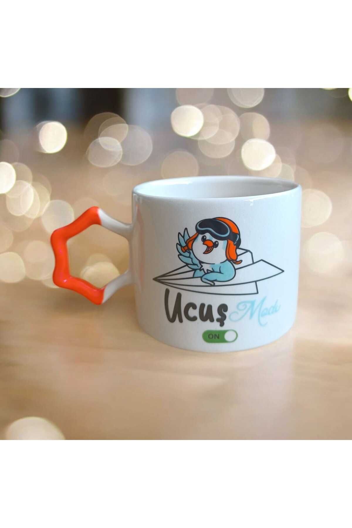 Simge Seramik Uçuş Modu Çift Taraf Baskılı Yıldız Kulplu El Yapımı Doğal Seramik Mug Kupa Çay Cappuccino Fincanı