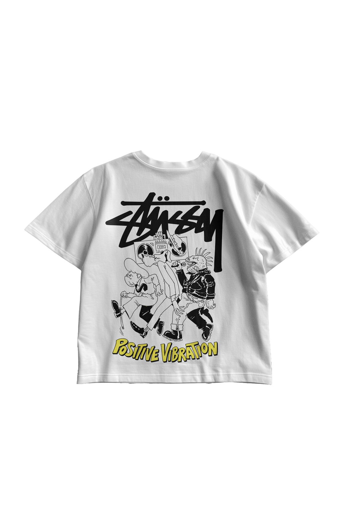 TresMonos Stussy Positive Vibration Baskılı Oversize Kısa Kesim Pamuklu Salaş Unisex Beyaz Tişört