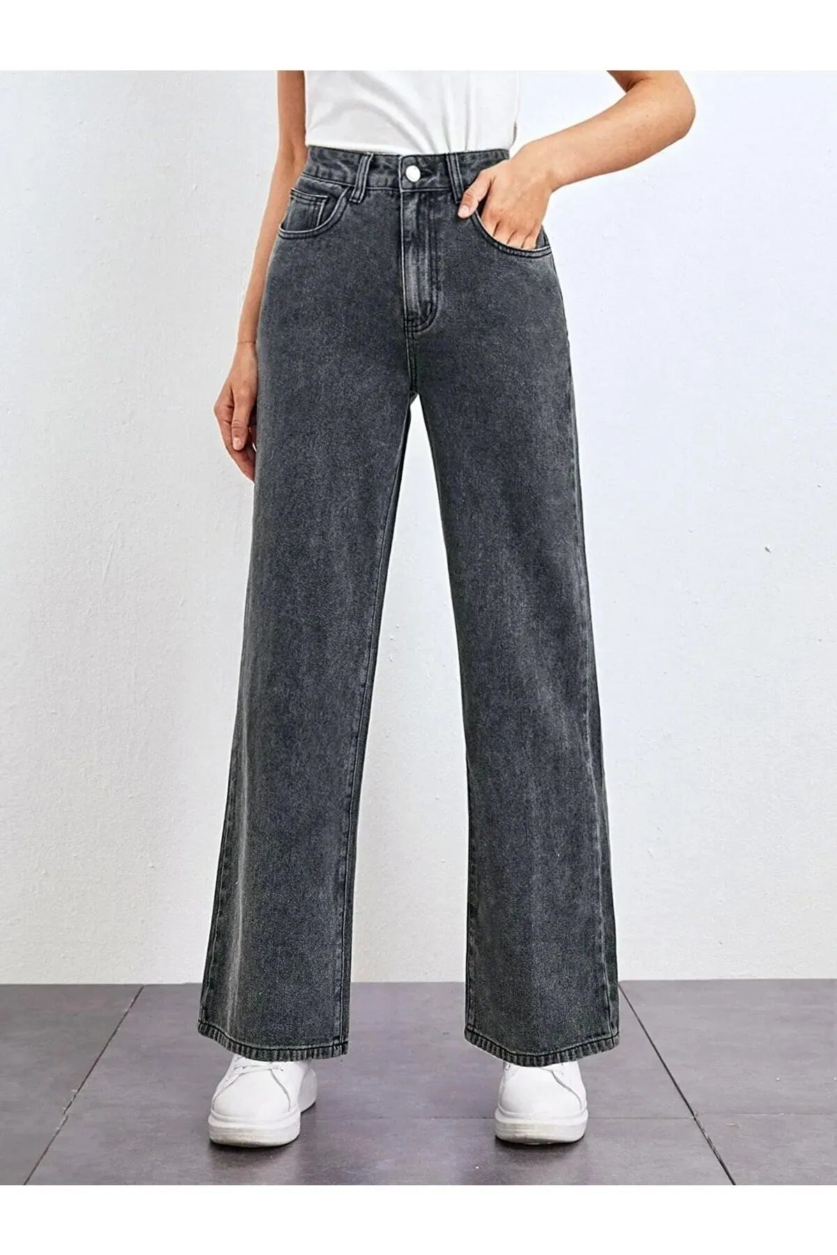Trn JNS Meex Füme Kar Süper Yüksek Bel 90's Power Likralı Solmaz Jeans Palazzo Pantolon
