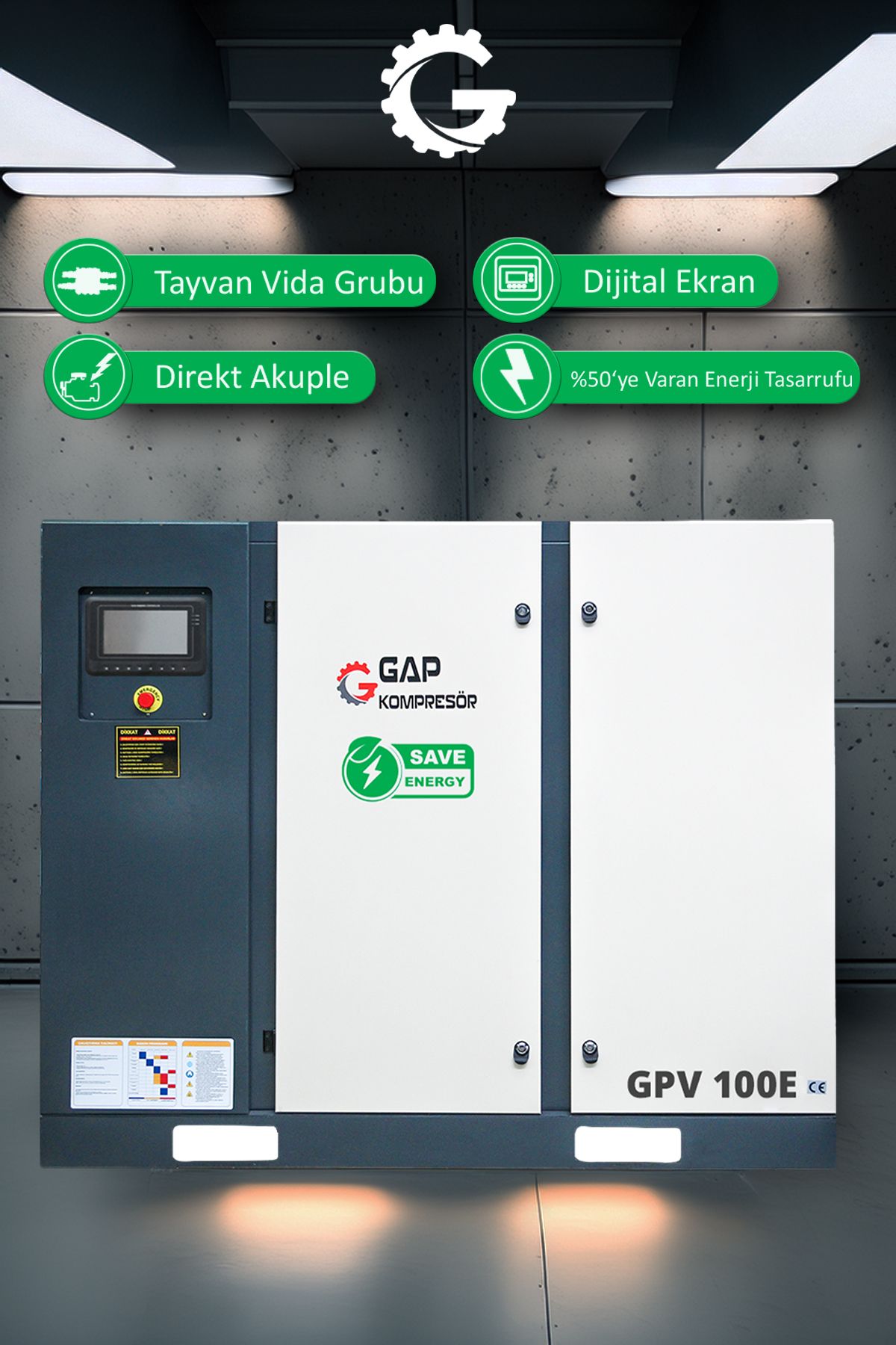 GAP KOMPRESÖR İnvertörlü Vidalı Hava Kompresörü 100Hp 2000Lt GPV100E