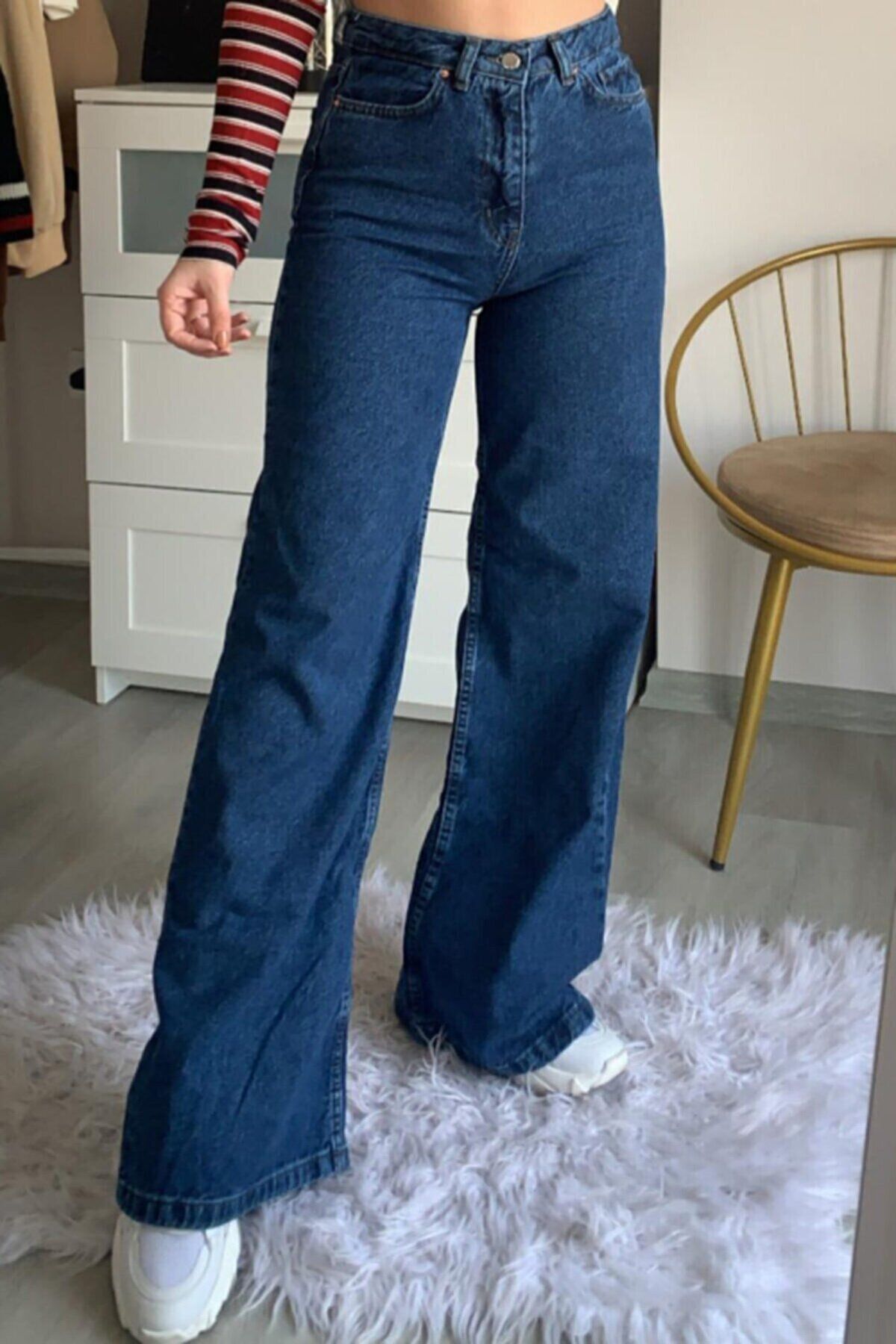 Trn JNS Camelia Süper Yüksek Bel 90's Power Likralı Solmaz Koyu Mavi Lacivert Jeans Palazzo Pantolon